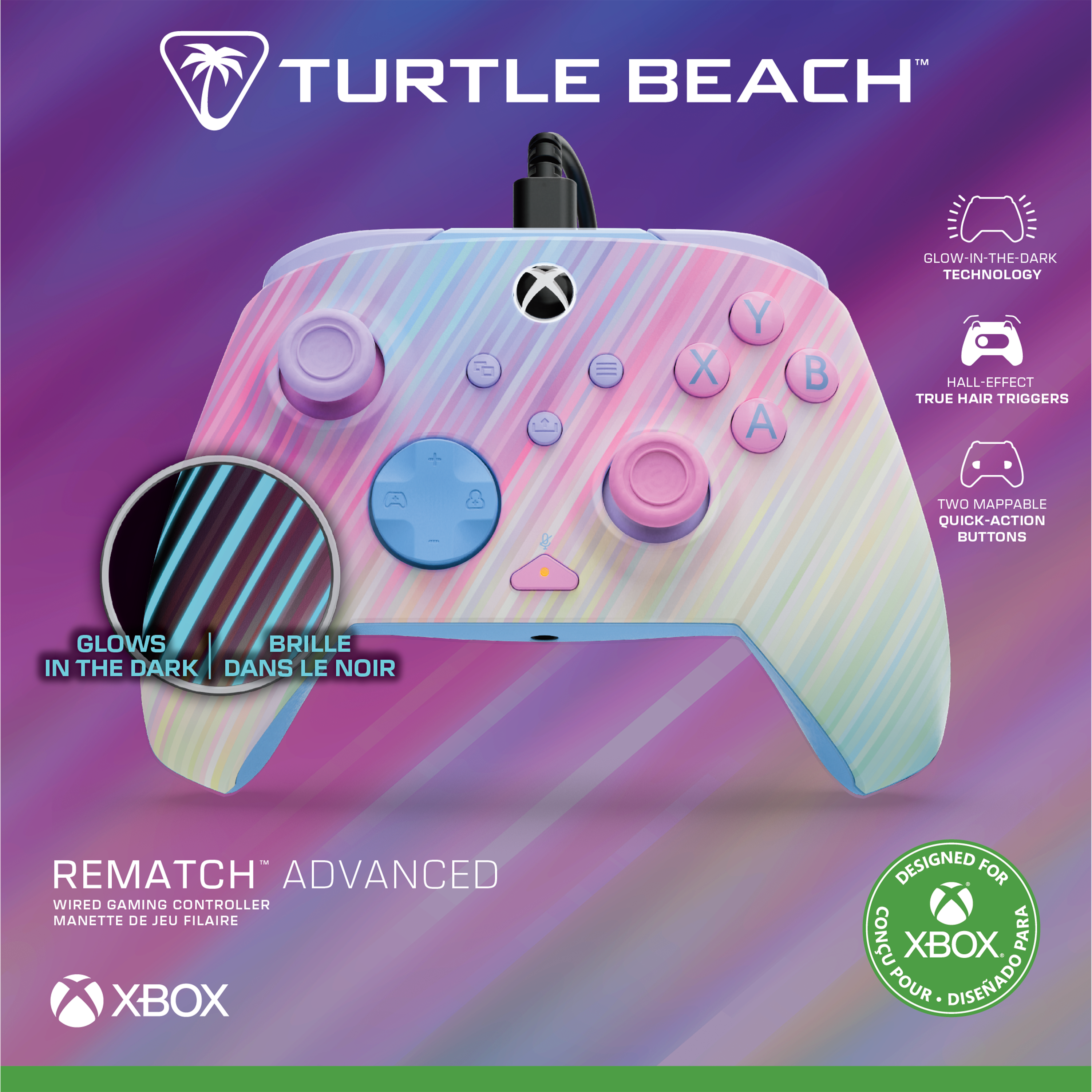 Un controller Xbox Turtle Beach colorato. Ha sfumature rosa, blu e viola con i pulsanti A, B, X e Y.
