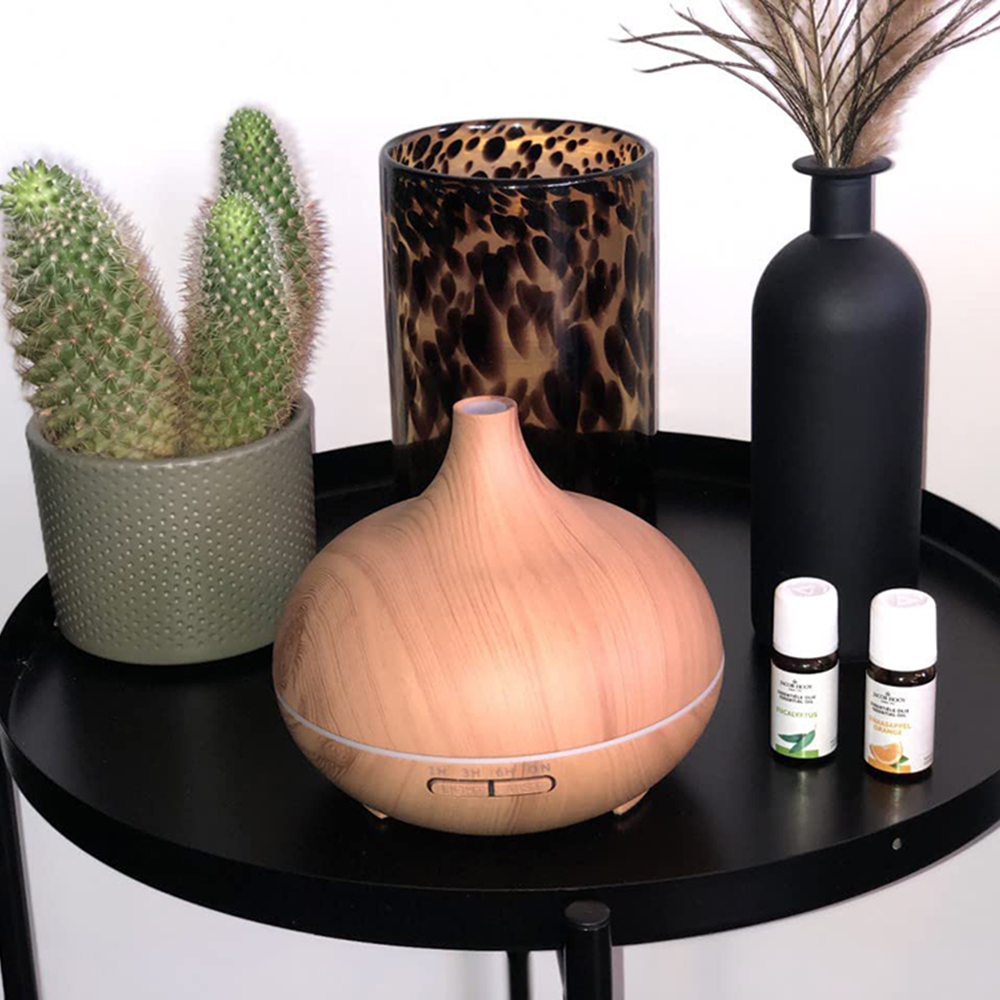 Ein hölzerner ätherischer Öldiffusor, Kaktus, eine Vase mit Federn, Leopardenmuster-Vase und zwei Ölflaschen auf einem schwarzen Tisch.