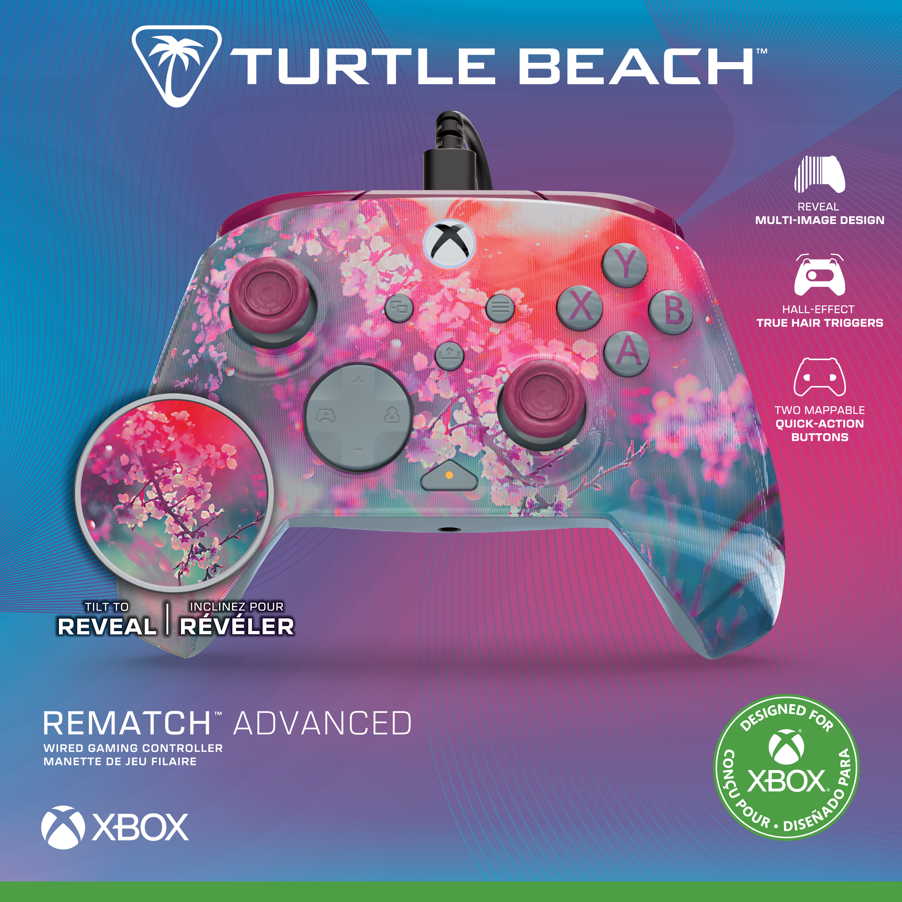 Gaming-Controller mit Kirschblütendesign. Verfügt über Tasten, Auslöser und das Xbox-Logo.
