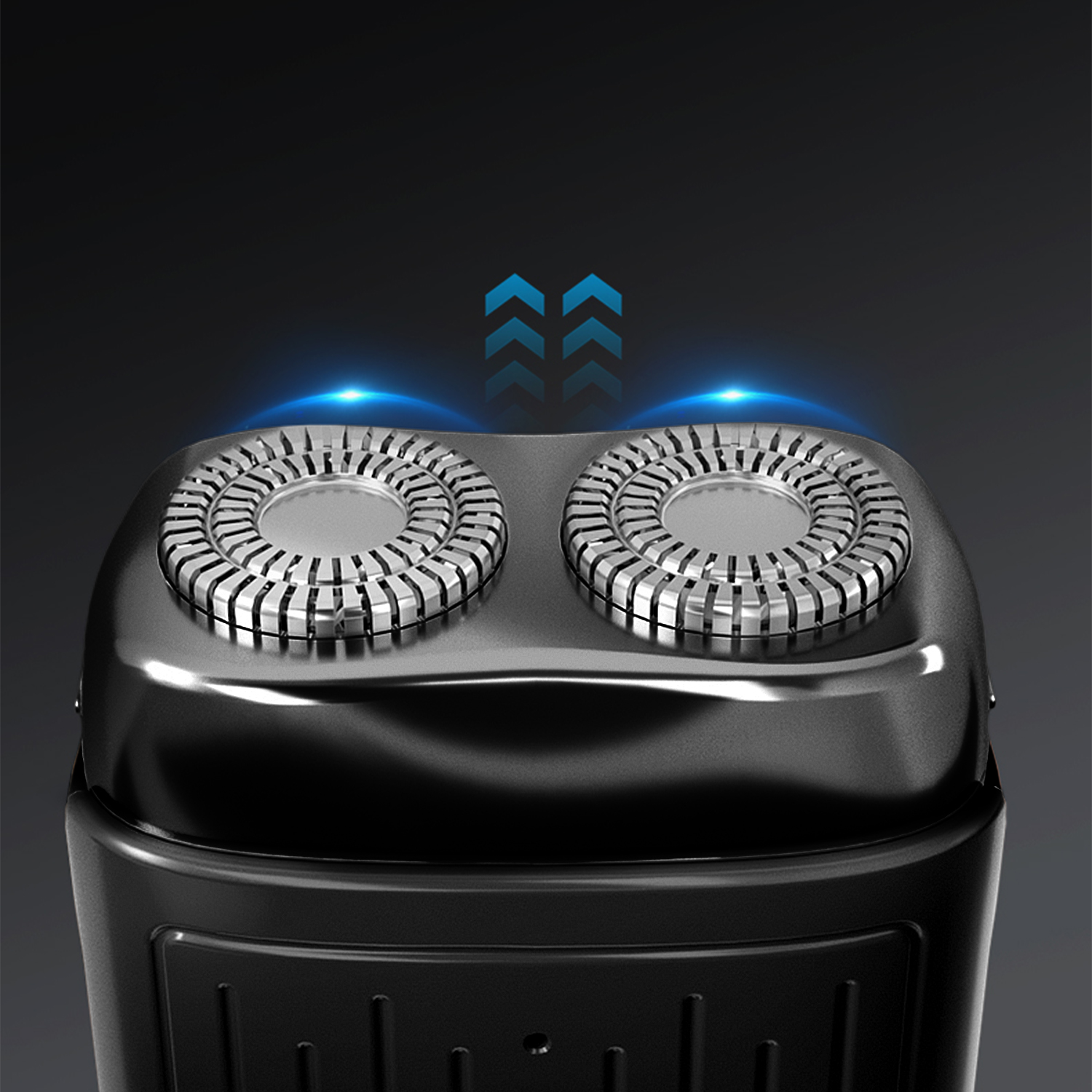 Primer plano de una afeitadora eléctrica negra con dos cabezales circulares. Flechas azules indican la dirección. Fondo oscuro.