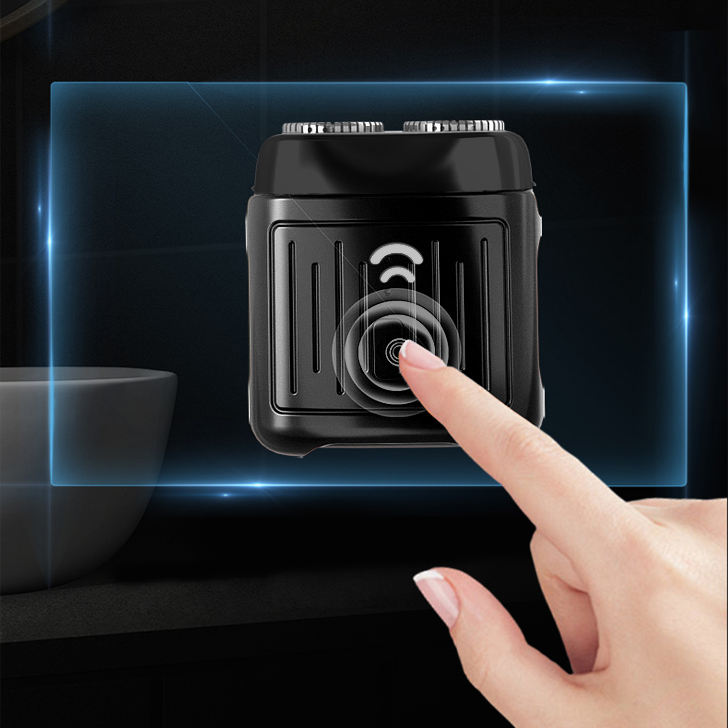 Un dedo toca un dispositivo negro. El dispositivo tiene una pantalla con un anillo. El fondo es oscuro, con un brillo azul.