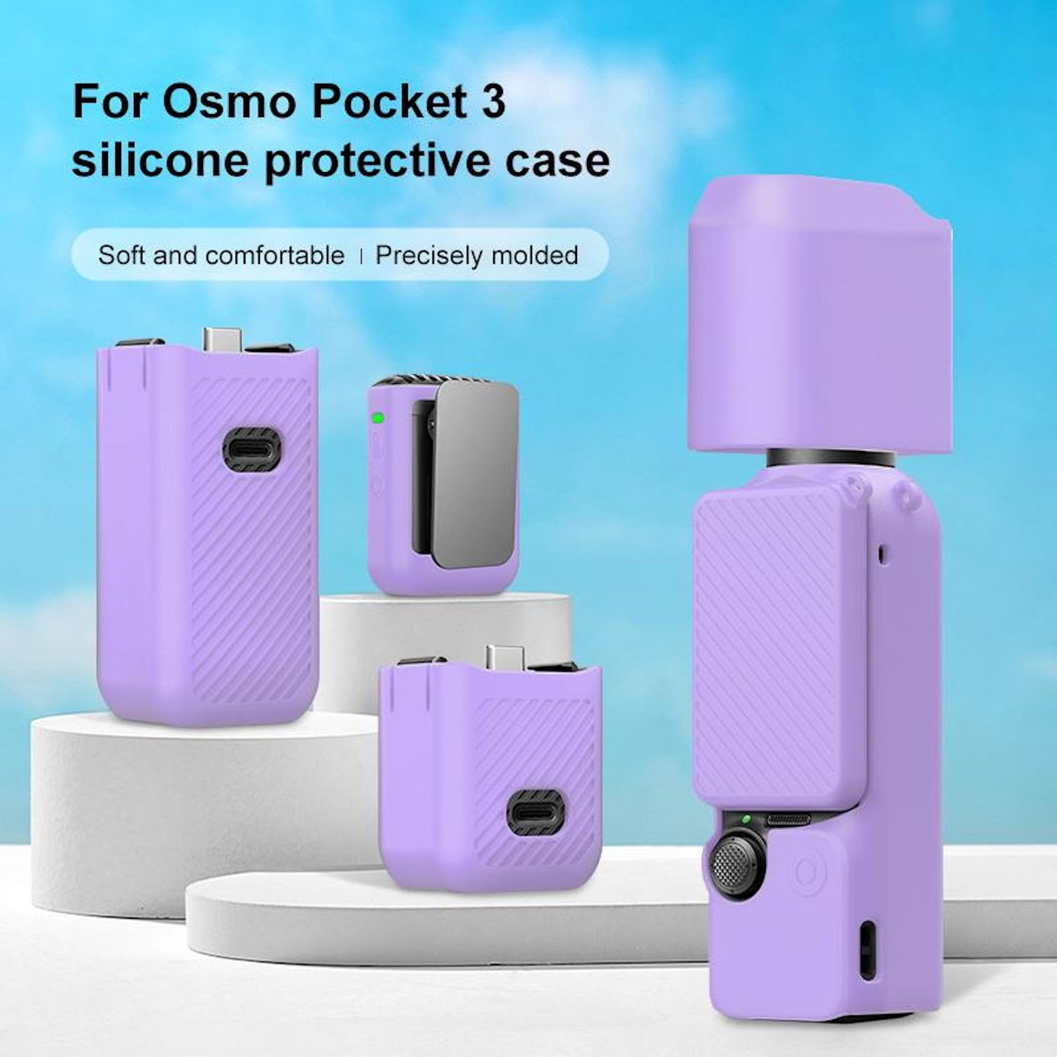 Custodie protettive in silicone viola per Osmo Pocket 3. Le custodie coprono le parti del dispositivo. Sfondo blu cielo.