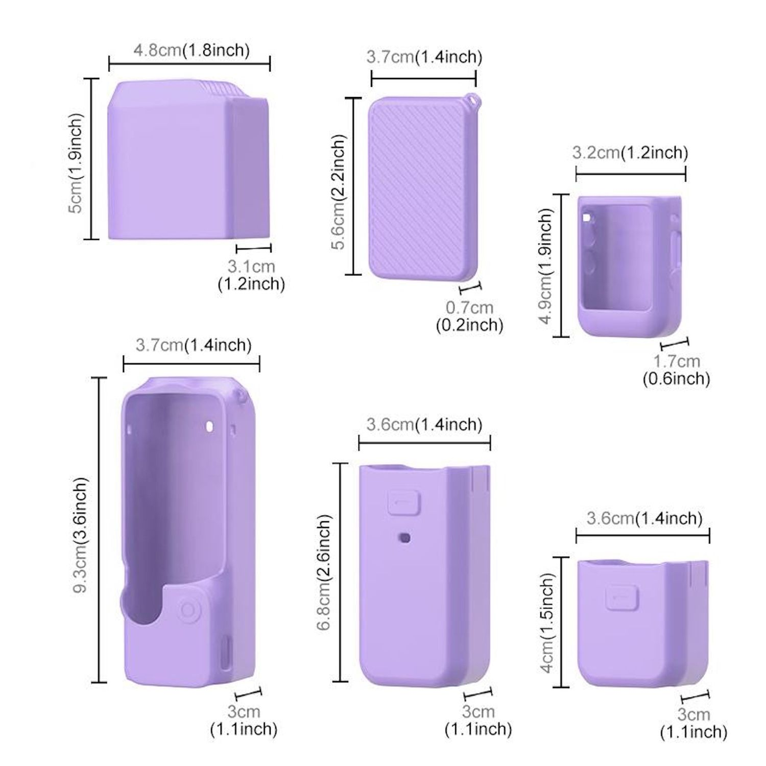 L'immagine mostra diversi mockup di dispositivi tecnologici viola con dimensioni in cm/pollici. I dispositivi includono design rettangolari e quadrati.