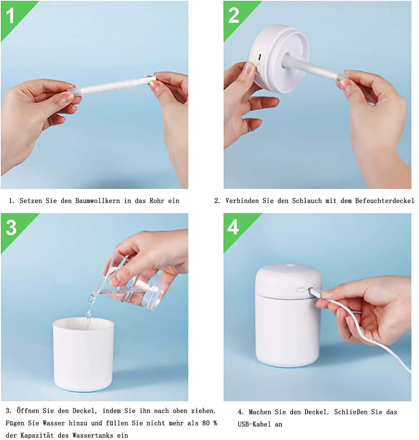 Vier Schritte zum Zusammenbau eines Luftbefeuchters: Baumwollkern einsetzen, Schlauch anschließen, Wasser hinzufügen und USB-Kabel anschließen. Anweisungen auf Deutsch.
