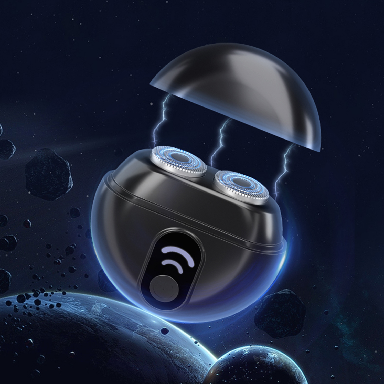 Un rasoio nero nello spazio con fulmini. Il rasoio ha due lame e un pulsante. Pianeti e asteroidi sullo sfondo.