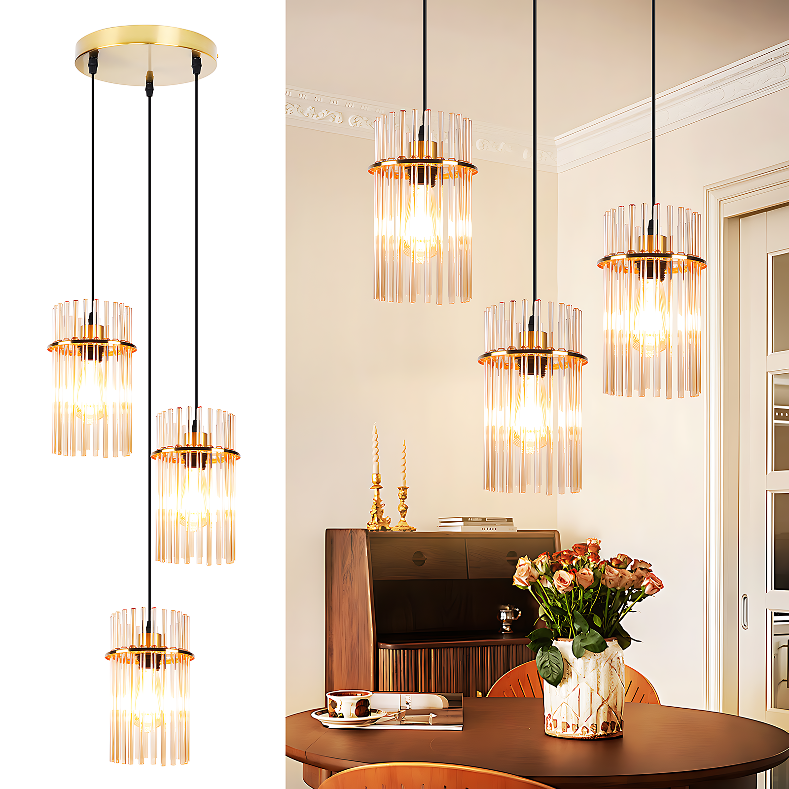 Cuelgan lámparas colgantes doradas con pantallas de cristal. También hay una mesa con flores, velas y un mueble de madera.