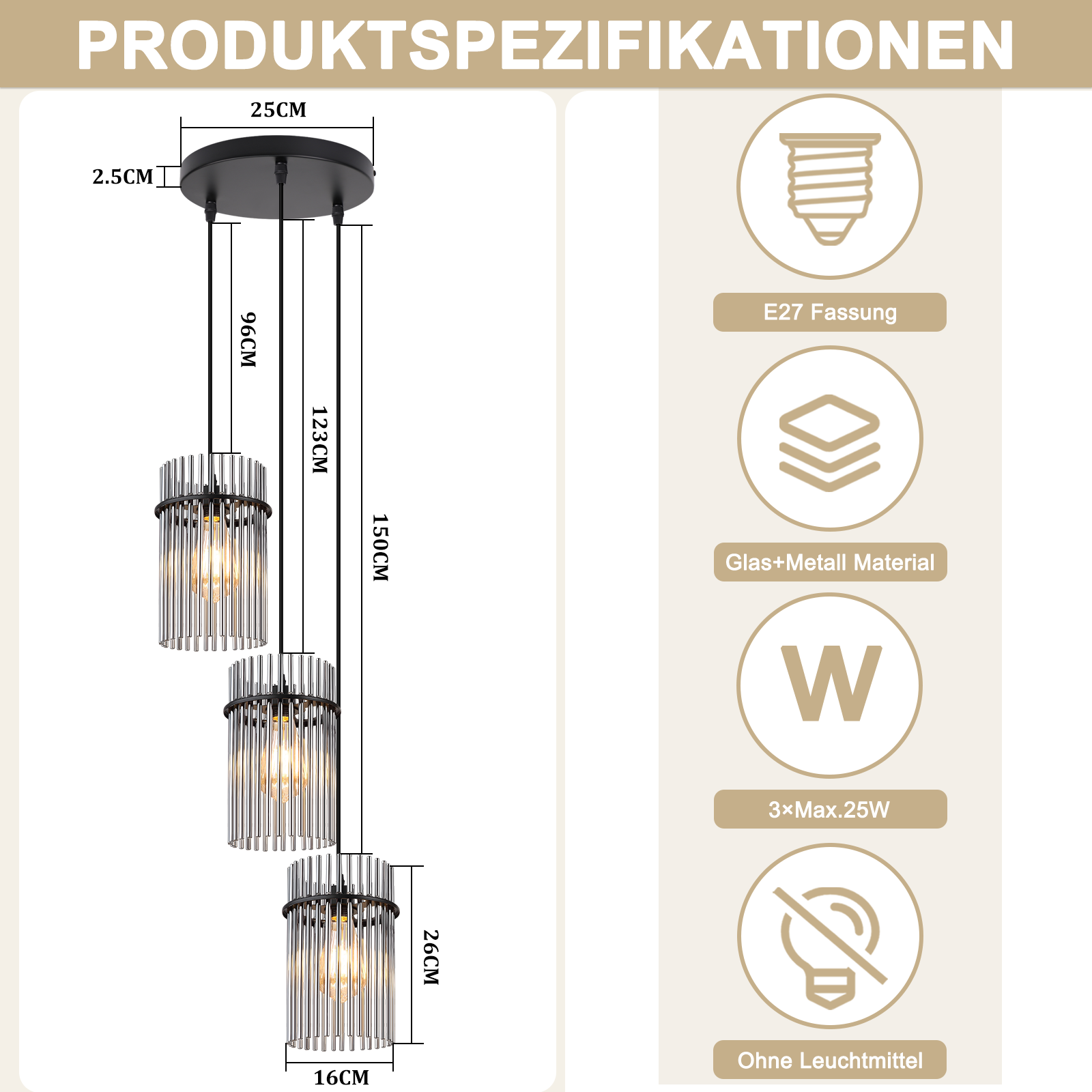 Eine moderne schwarze Hängelampe mit drei zylindrischen Lampen, Abmessungen angegeben. Informationssymbole rechts.