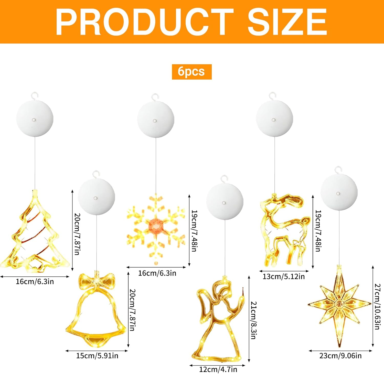 Das Bild zeigt sechs Weihnachtsornamente in verschiedenen Formen. Jedes Ornament hat eine weiße Oberseite und ein goldenes Lichtdesign mit Größenangaben.