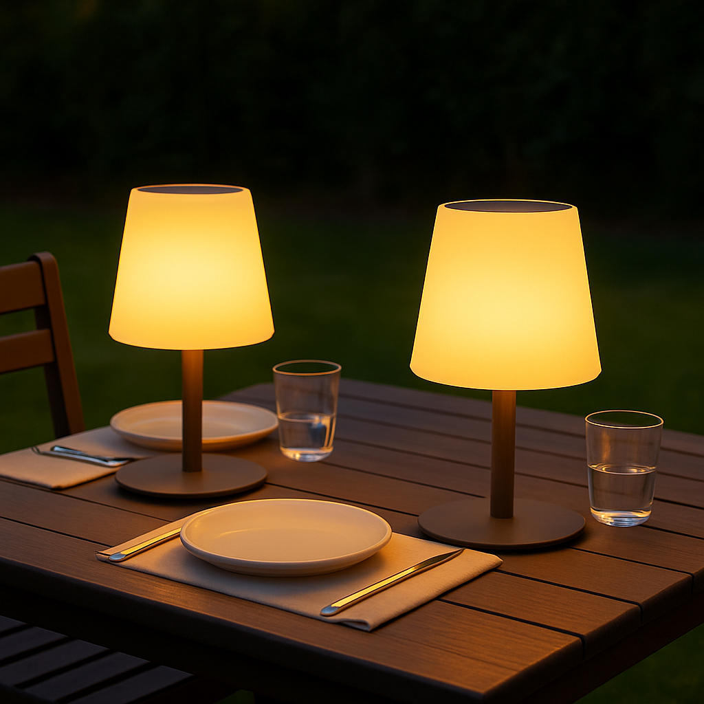 Zwei leuchtende Lampen auf einem Tisch, der für das Abendessen gedeckt ist. Teller, Gläser und Besteck sind vorhanden. Dunkelgrüner Hintergrund.