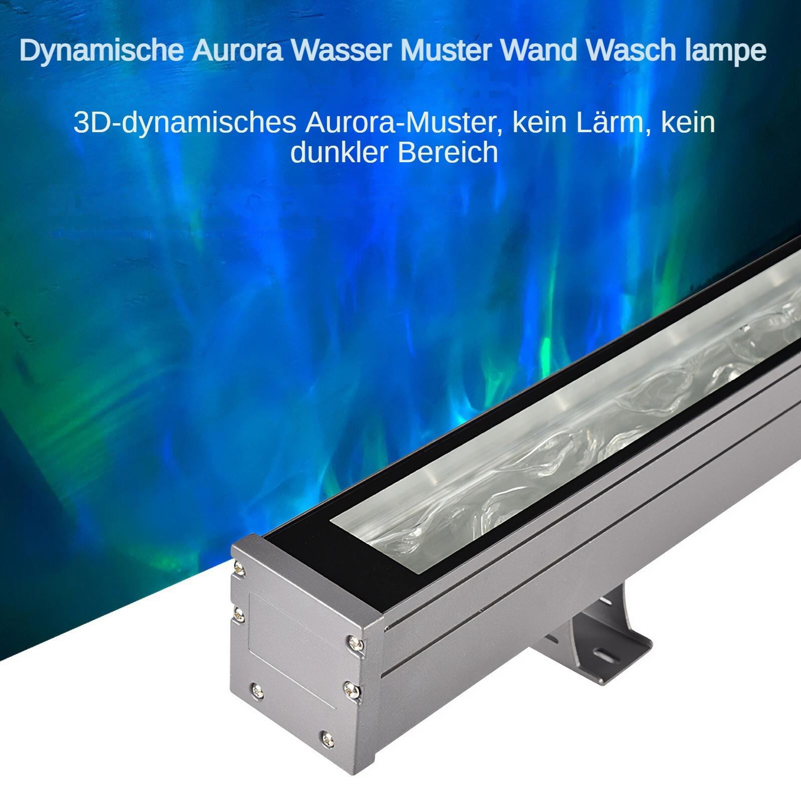 Eine silberne LED-Leuchte mit transluzenter Abdeckung ist vor einem blauen und grünen Aurora-Hintergrund abgewinkelt.