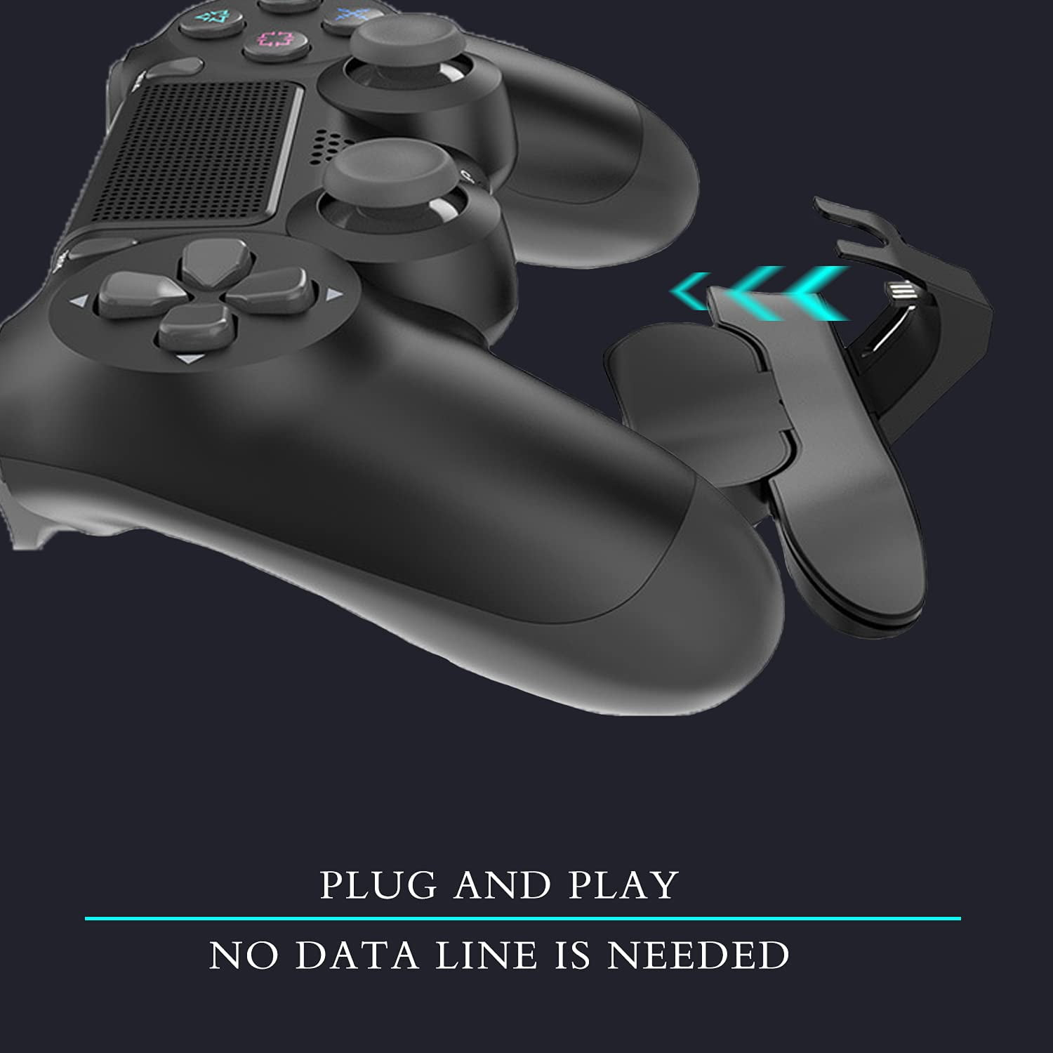 Schwarzer Gamecontroller mit Zubehör. Blaue Pfeile zeigen die Verbindung an. Text: Plug and Play, keine Datenleitung benötigt.