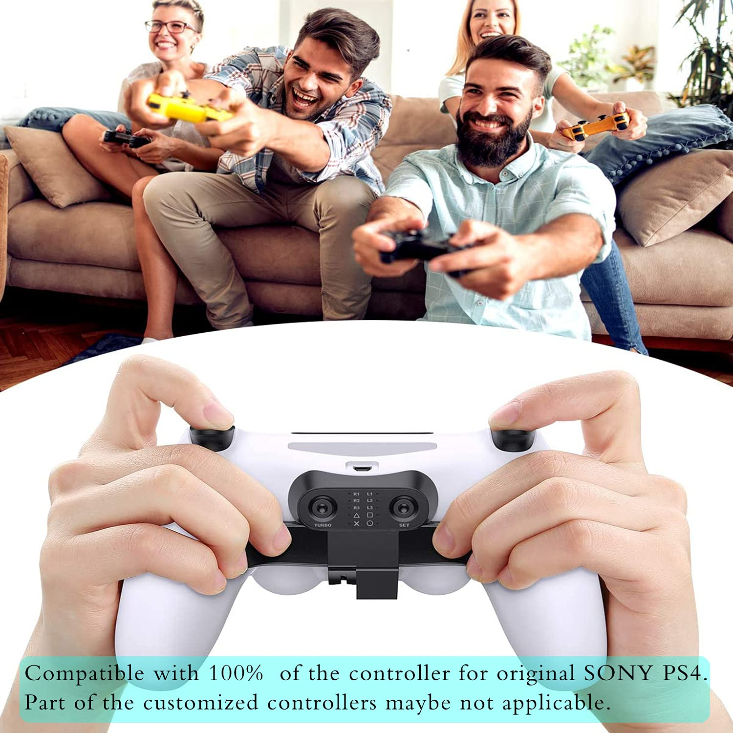 Leute spielen Videospiele mit Controllern. Ein weißer Controller steht im Fokus. Text: Kompatibel mit PS4-Controllern.