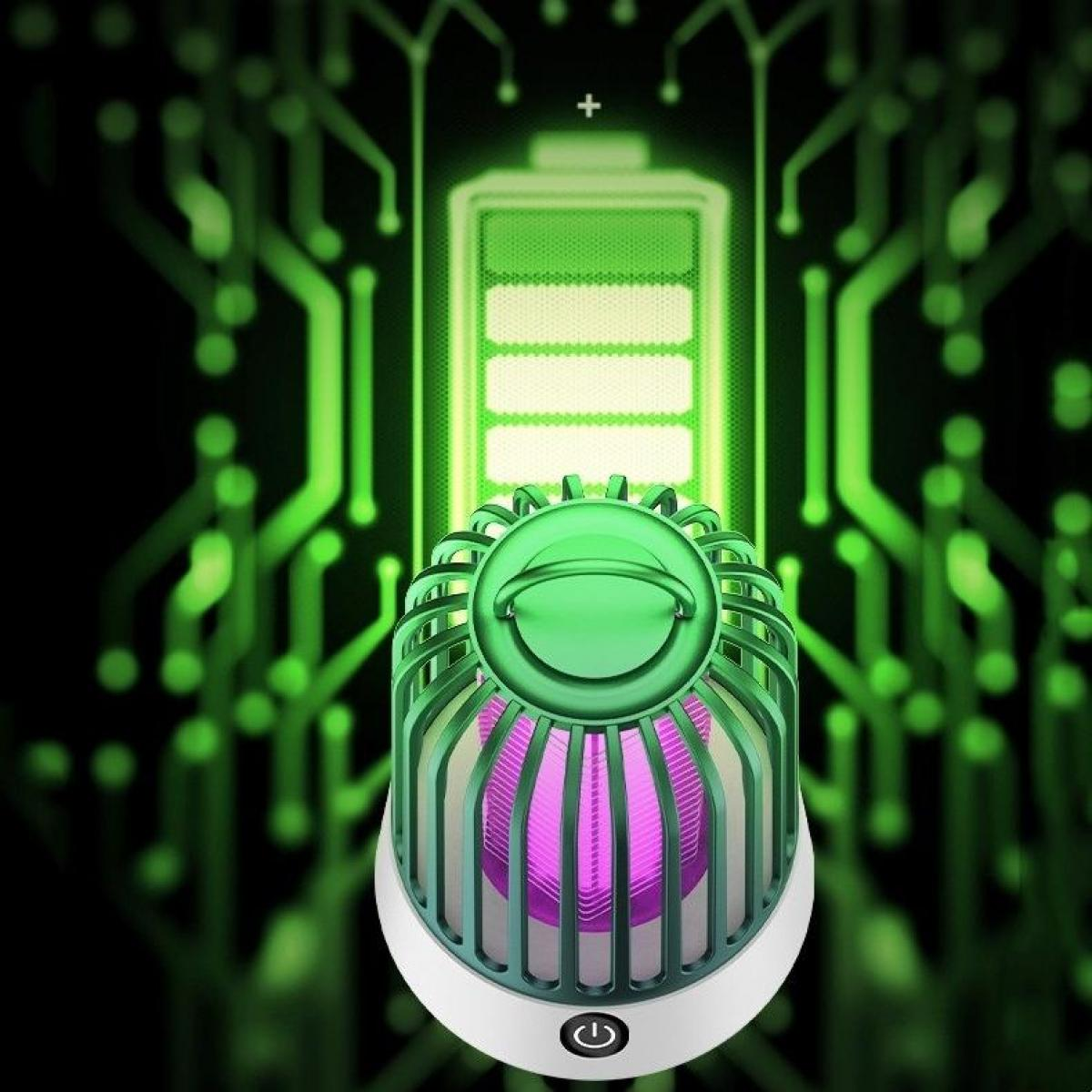 Ein grünes und weißes elektronisches Gerät mit lila Innenraum, Akku-Symbol im Hintergrund auf schwarzem Hintergrund.