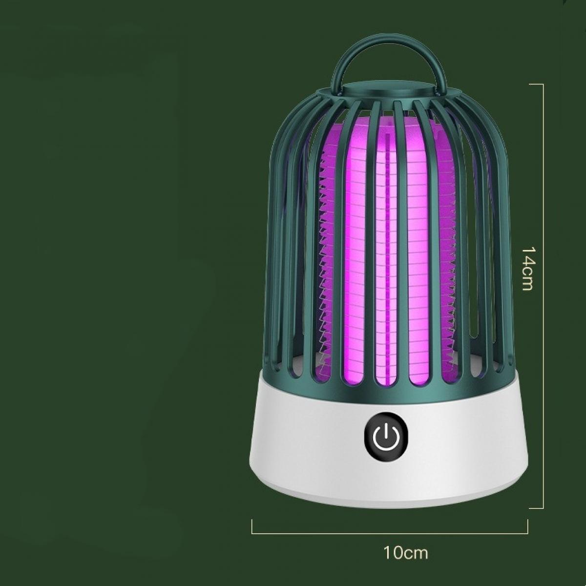 Ein Insektenvernichter mit grünem Käfig und weißer Basis. Er hat ein lilafarbenes Licht und einen Power-Knopf.