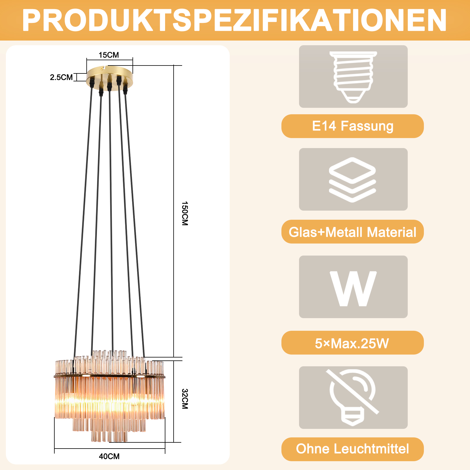 Un candelabro moderno con elementos de cristal. Se muestran las dimensiones. El texto incluye especificaciones del producto, casquillo E14, etc.