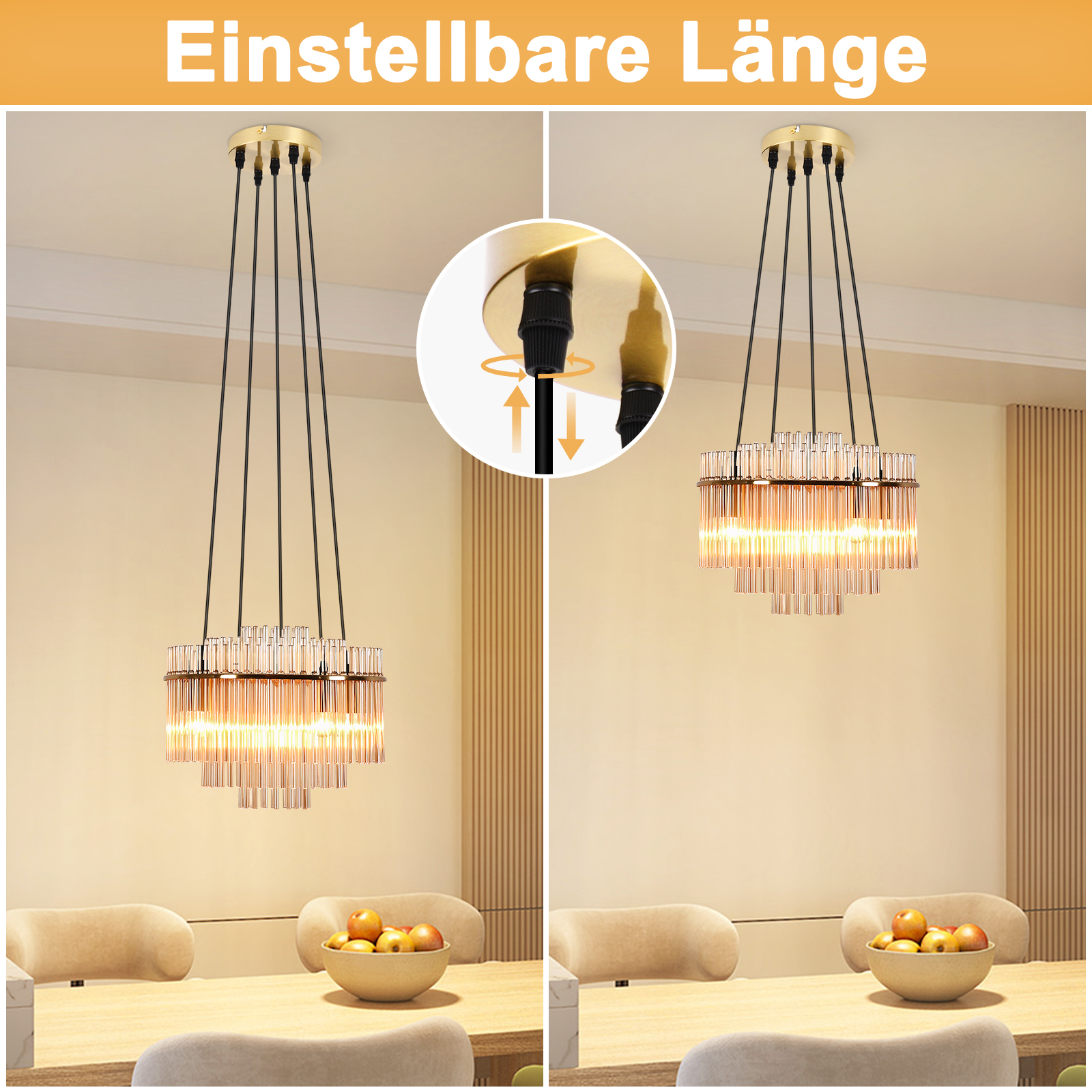 Dos candelabros de longitud ajustable sobre una mesa de comedor con fruta. Se destaca el mecanismo de ajuste.
