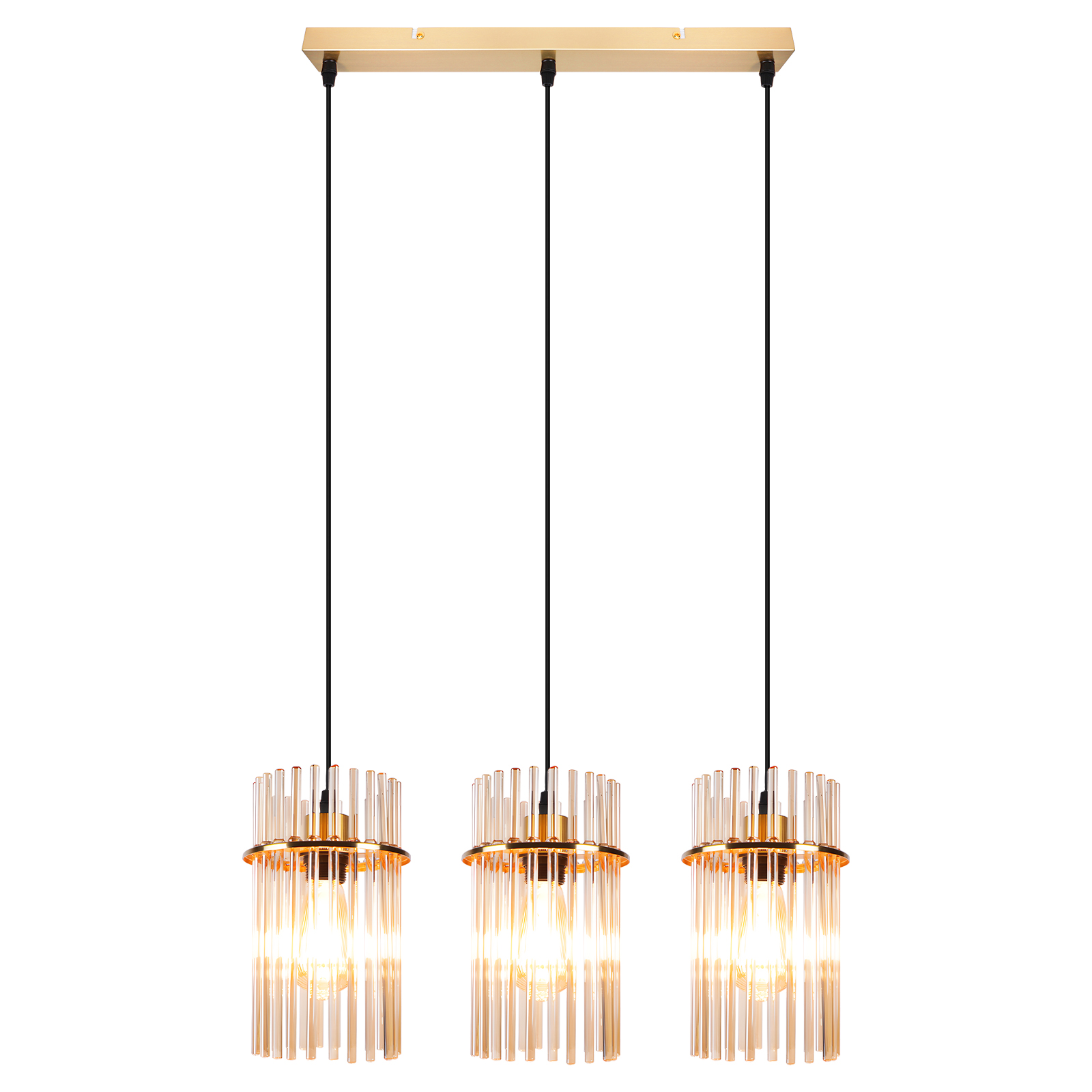 Eine moderne Hängeleuchte mit drei Pendelleuchten. Jede hat einen goldenen Rahmen und einen transparenten Glasschirm mit einer sichtbaren Glühbirne.