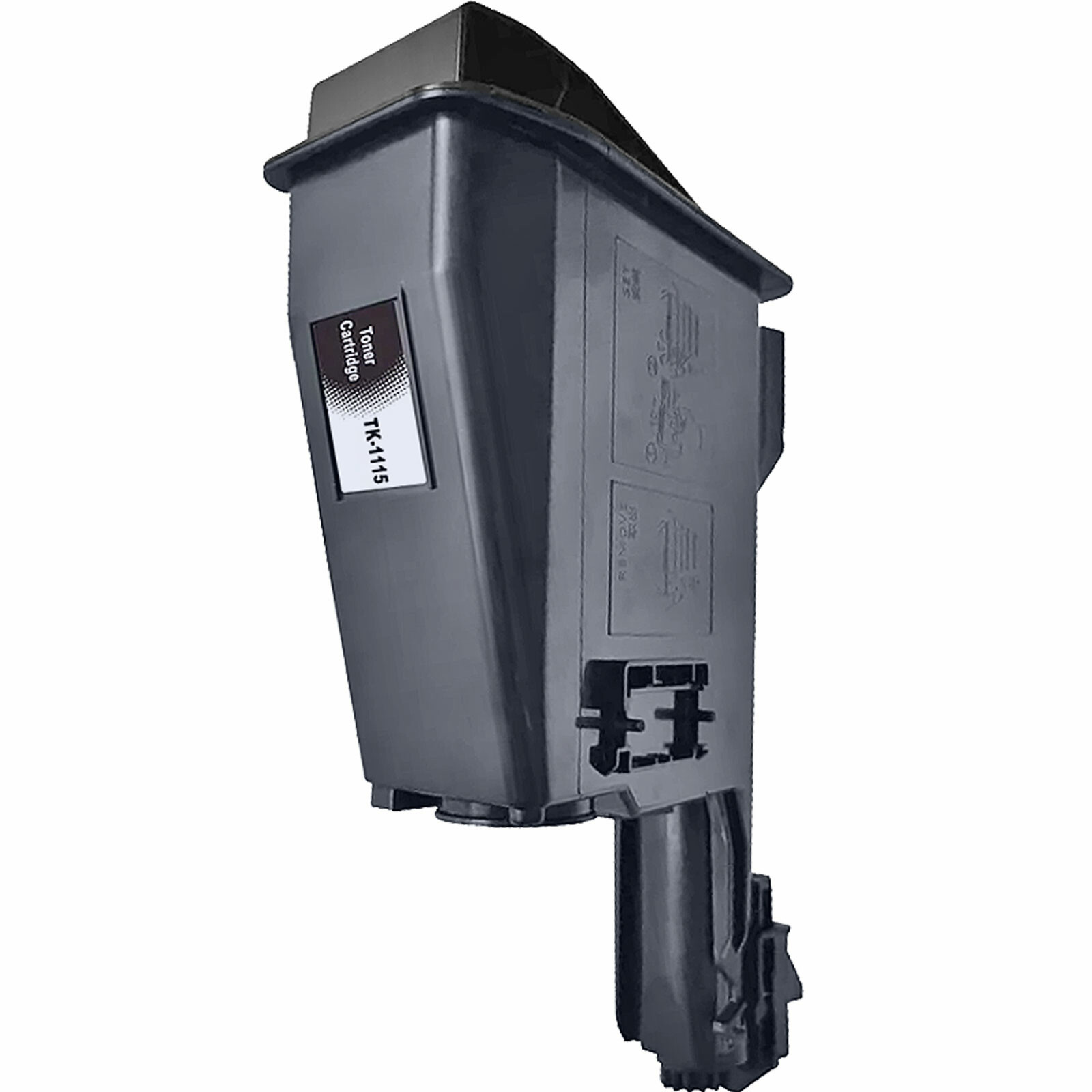 Eine dunkelgraue Tonerkartusche mit der Aufschrift 'Toner Cartridge TK-1115'. Sie hat einen schwarzen Deckel und eine komplexe Unterstruktur.