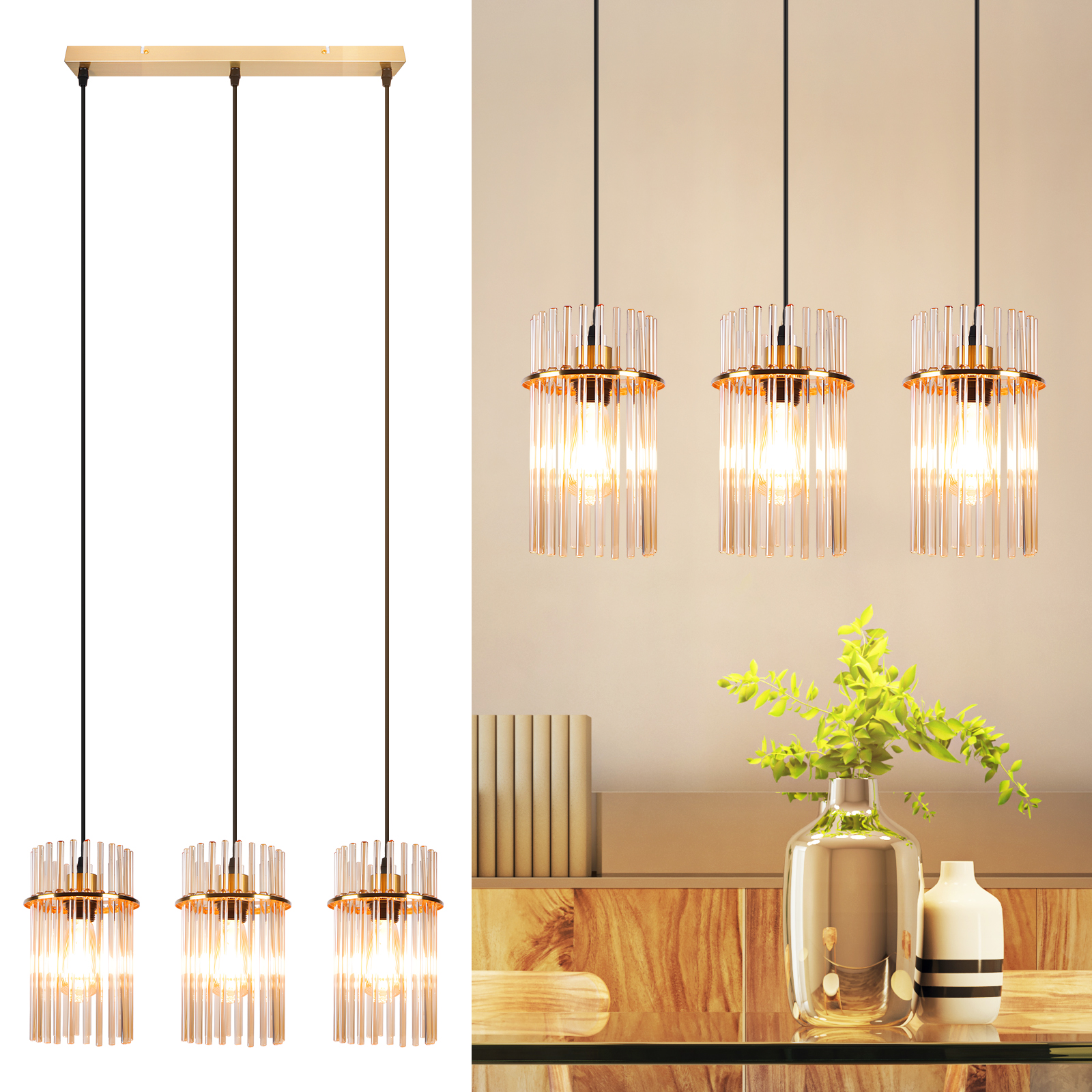 Drei Pendelleuchten mit Glasschirmen hängen über einem Tisch mit Vase und Dekoration. Hintergrund ist eine Wand und ein Regal.