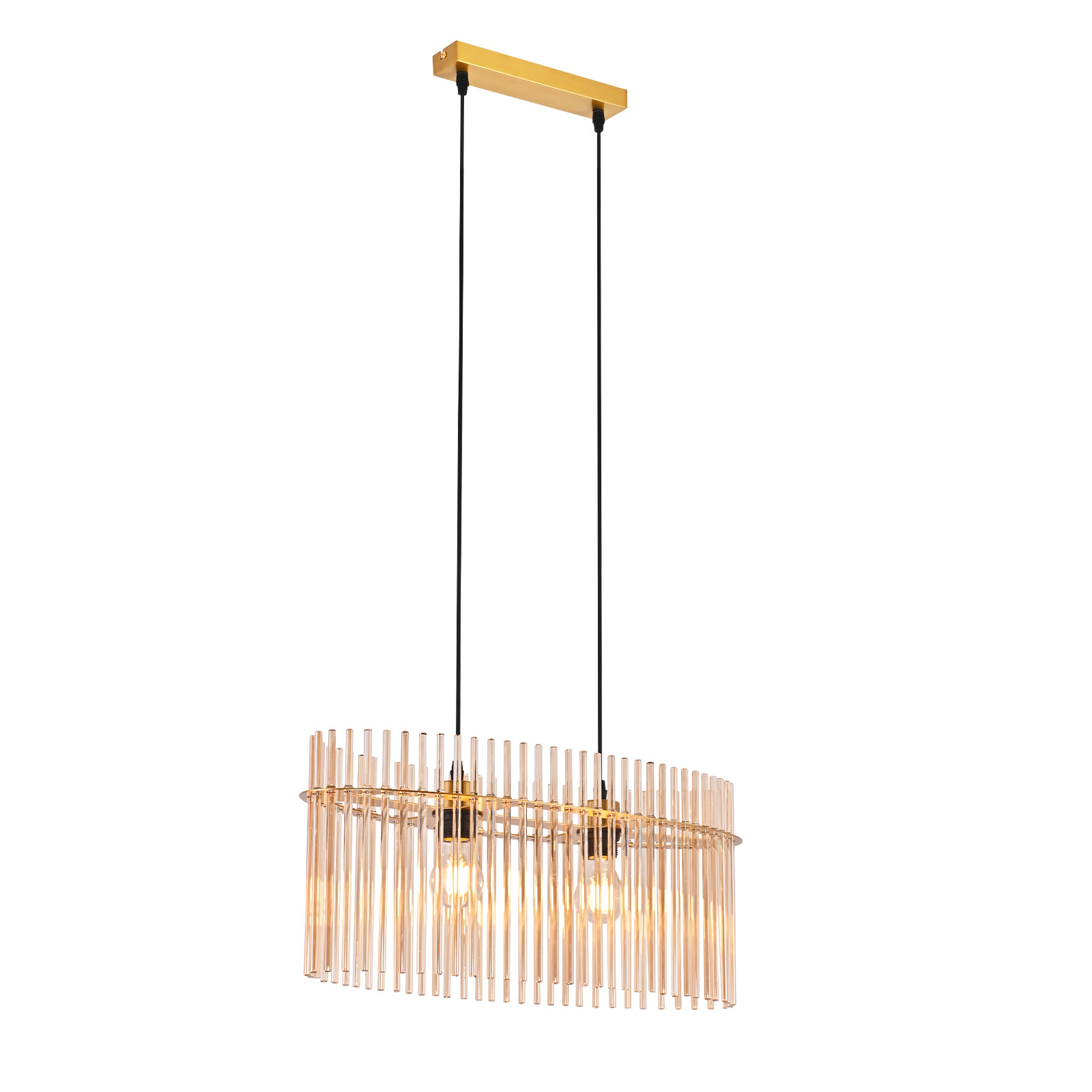 Lampada a sospensione rettangolare color oro con due lampadine. La luce è circondata da aste di vetro verticali.