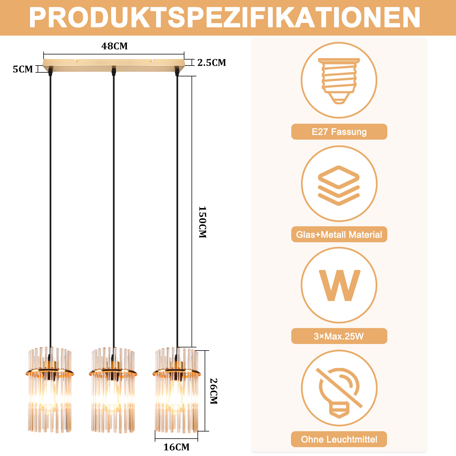 Ein Bild zeigt eine Pendelleuchte mit drei zylindrischen Lichtern. Die Produktspezifikationen sind auf Deutsch.