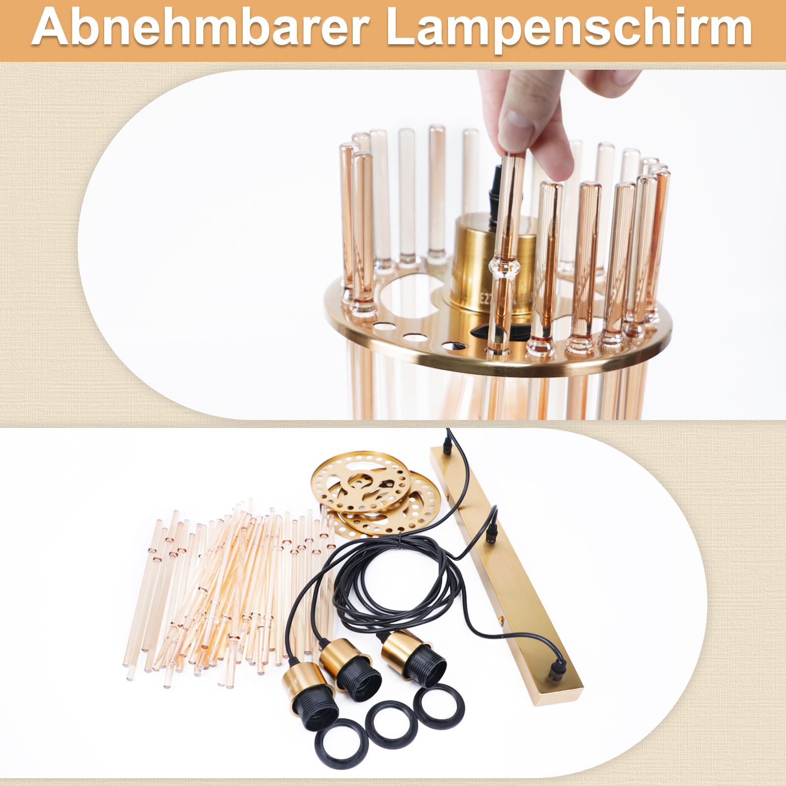 Zerlegte Lampe. Teile umfassen Glasstäbe, goldfarbene Metallbeschläge, Drähte und Lampenfassungen. Hand platziert einen Stab.