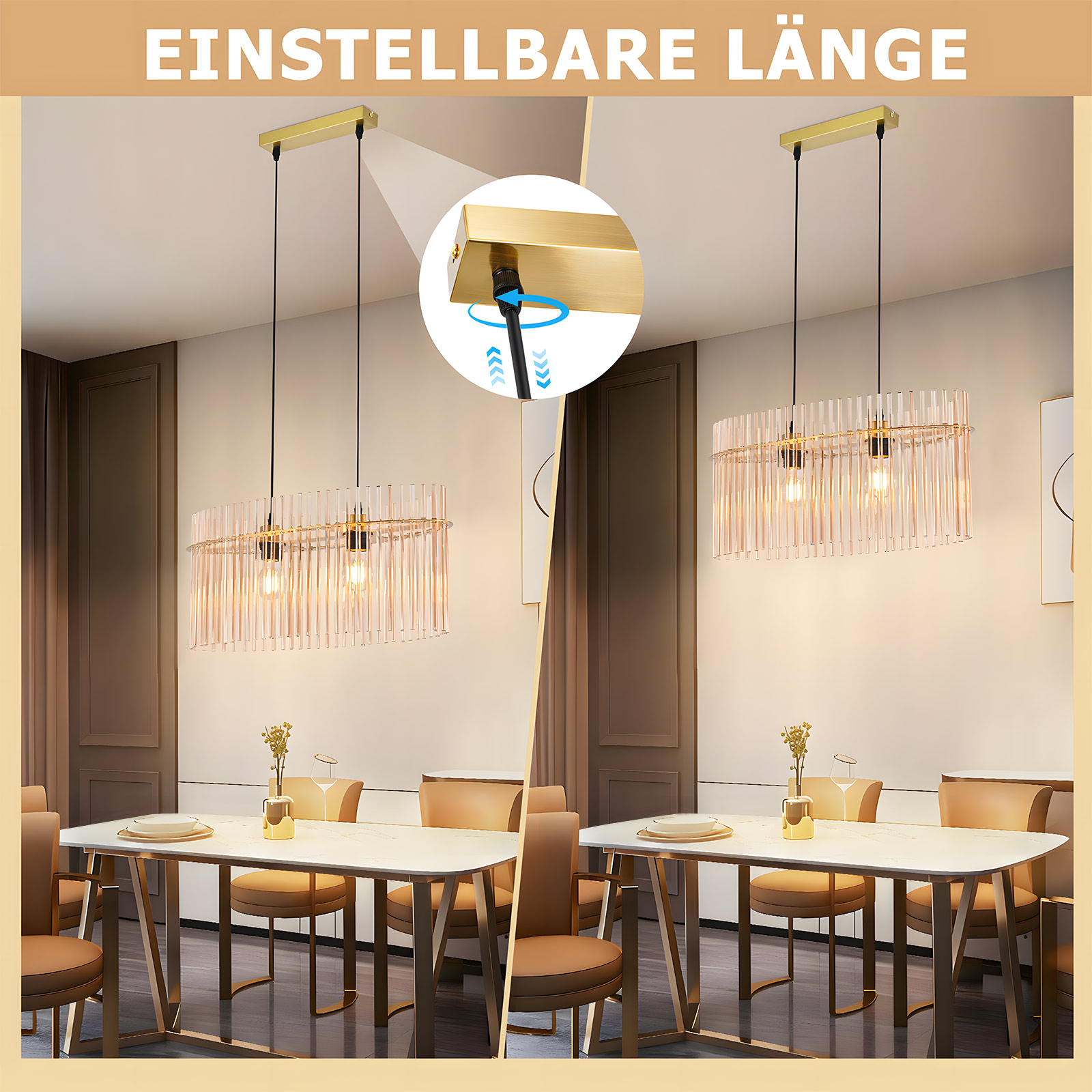 Un comedor con dos luces. Hay una mesa y sillas delante. La luz tiene longitud ajustable.