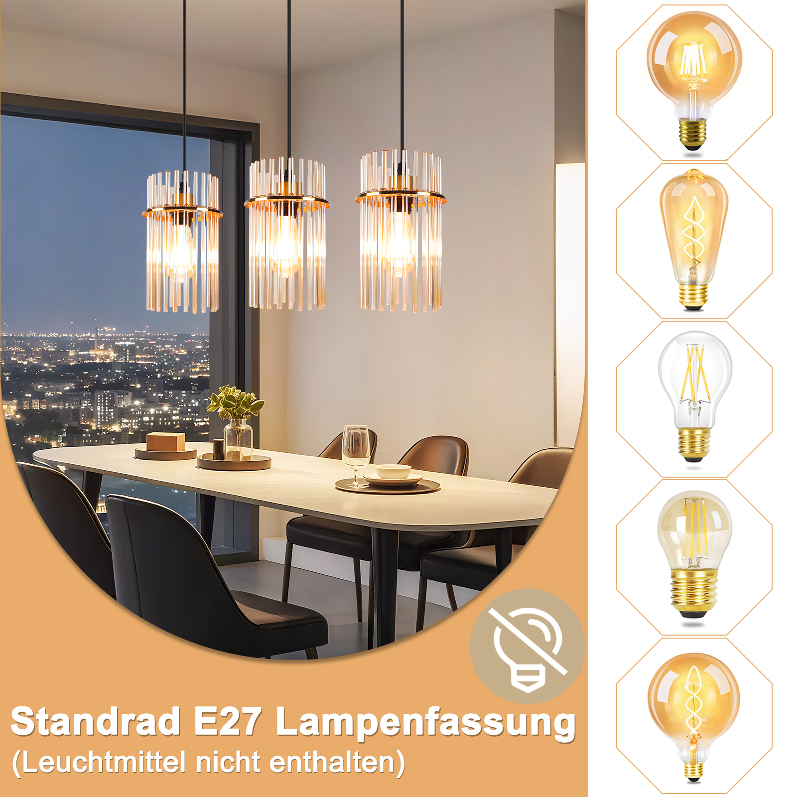 Esszimmer mit Hängelampen. Tisch mit Gläsern und Dekoration. Stadtblick durch das Fenster. Verschiedene Glühbirnentypen gezeigt.