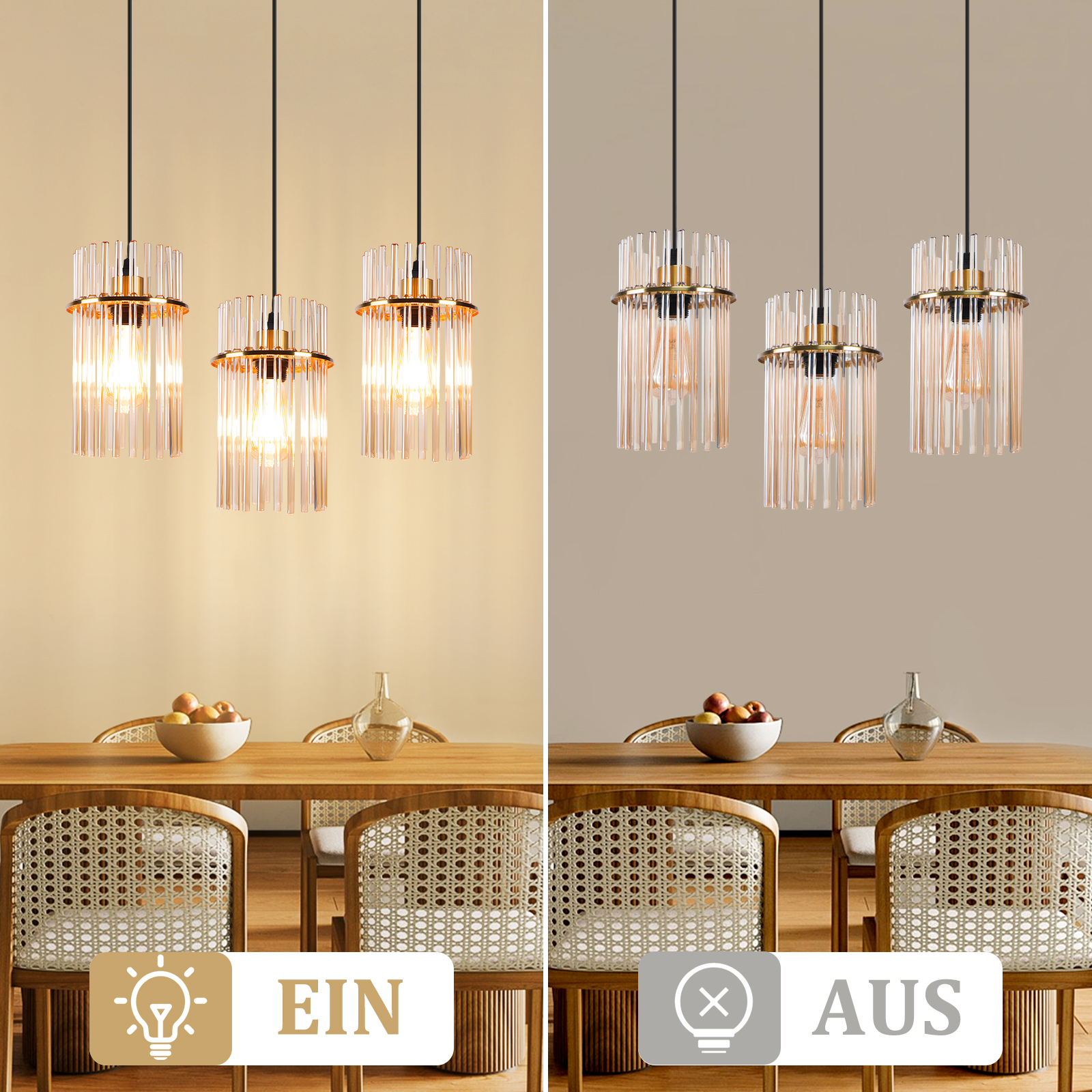 Drei Pendelleuchten über einem Holztisch. Die linke Seite zeigt Lichter an, die rechte Seite zeigt sie aus. Stühle und Obstschale sichtbar.