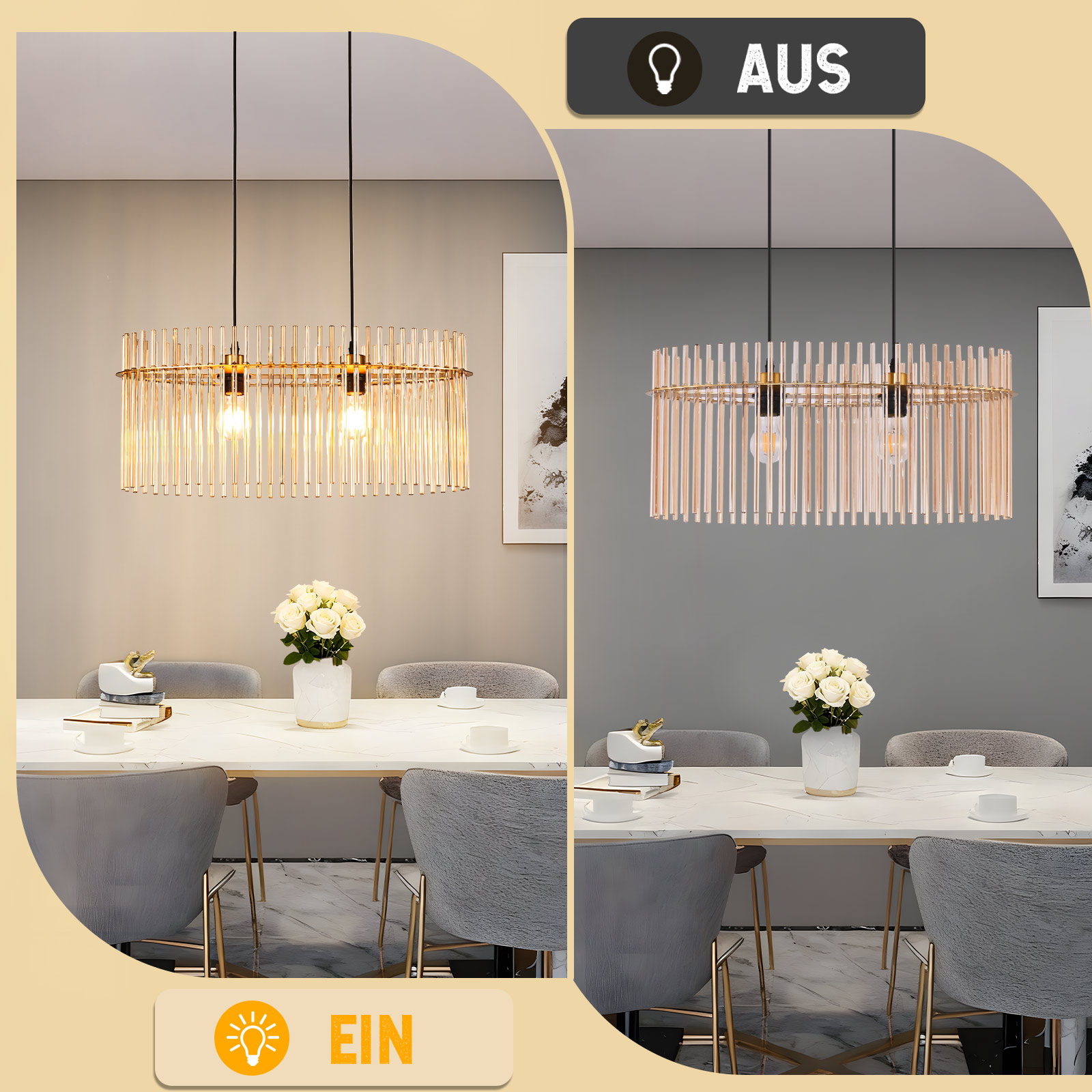 Escena de comedor con dos luces colgantes. La mesa está puesta con sillas, flores y tazas. La luz izquierda está encendida y la derecha apagada.