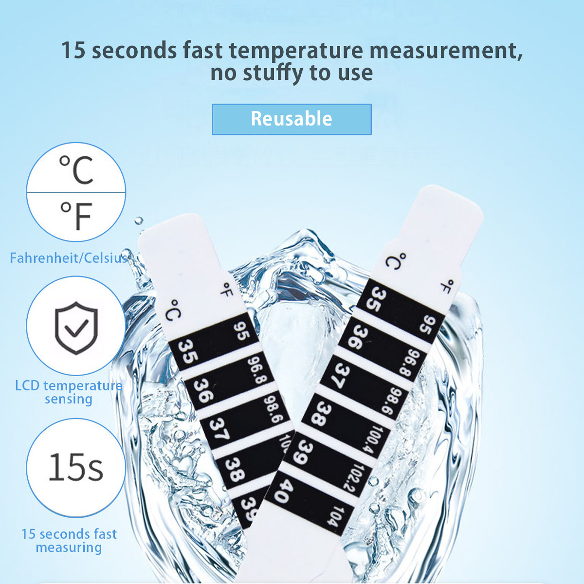 Zwei Temperaturstreifen mit Celsius- und Fahrenheit-Skalen, inmitten von Wasser. Text weist auf schnelle Messung und Wiederverwendbarkeit hin.