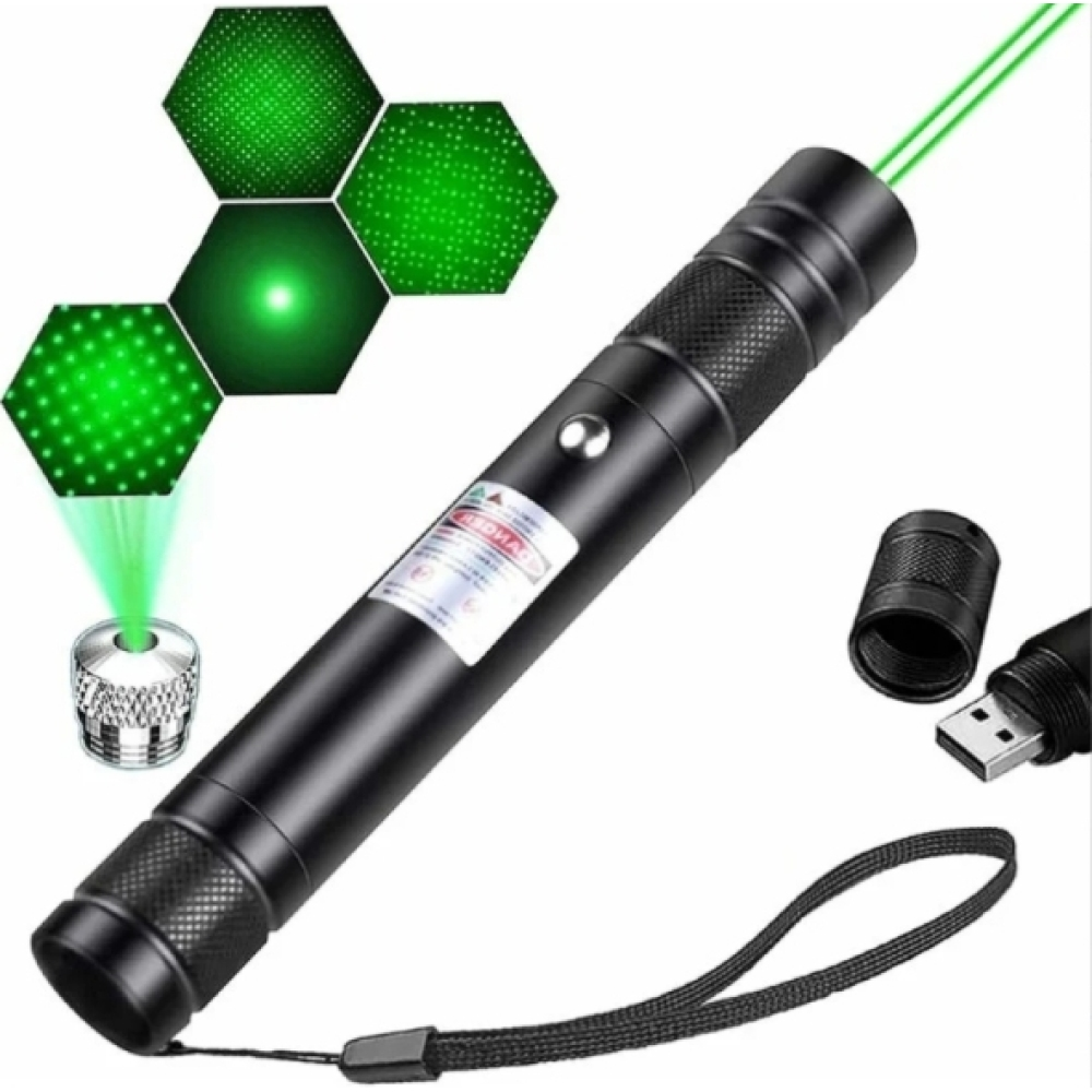 Schwarzer Laserpointer mit grünem Strahl und grünen Sechseckmustern. Enthält USB-Ladegerät, Kappe und Handschlaufe.