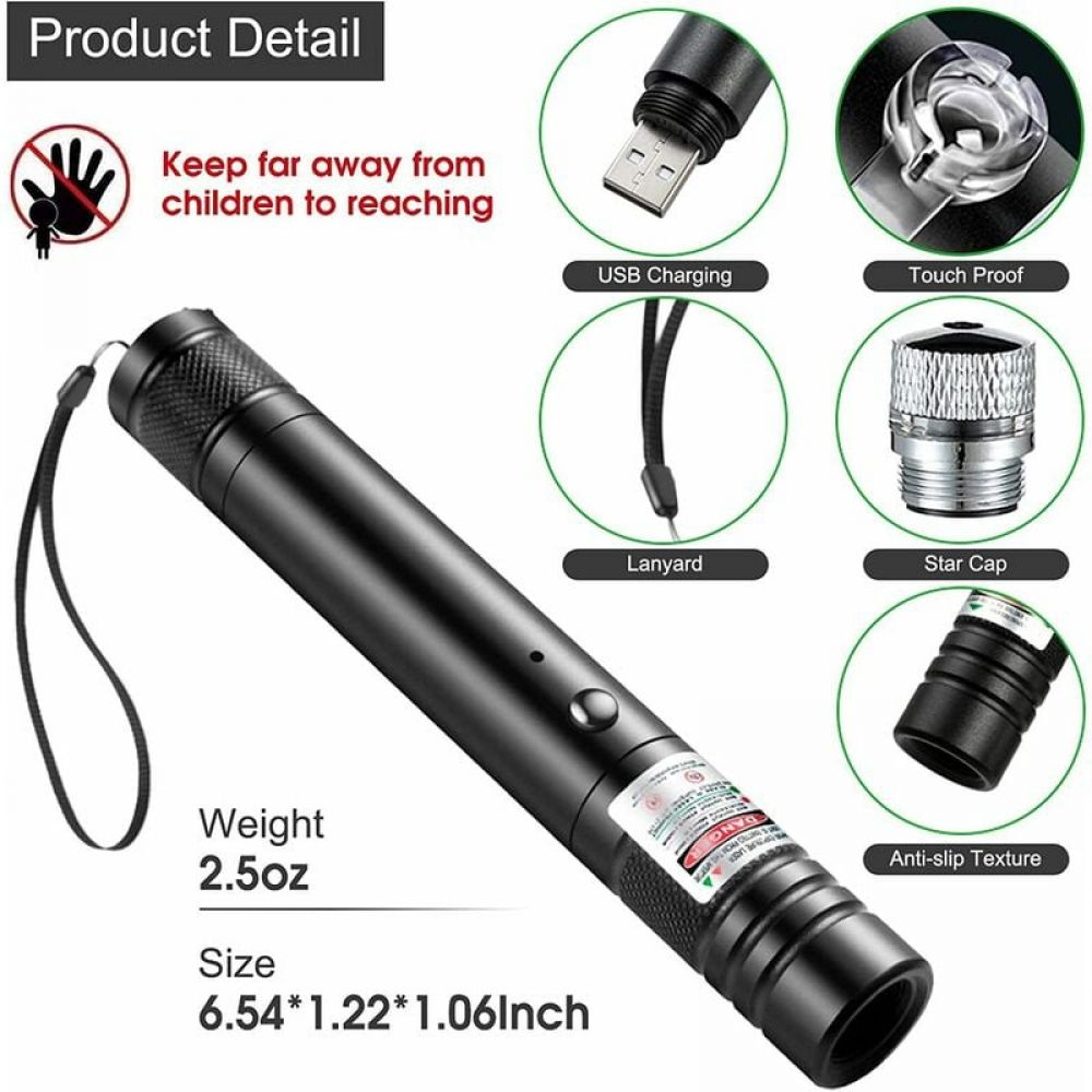 Ein schwarzer Laserpointer mit Details wie USB-Aufladung, Lanyard, Sternkappe und Anti-Rutsch-Textur wird gezeigt. Warnungen sind enthalten.