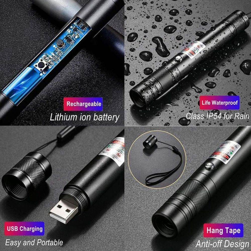 Vier Bilder zeigen einen schwarzen Laserpointer mit Textetiketten: wiederaufladbar, wasserdicht, USB-Laden und Aufhängeschlaufe. Der Hintergrund ist dunkel.