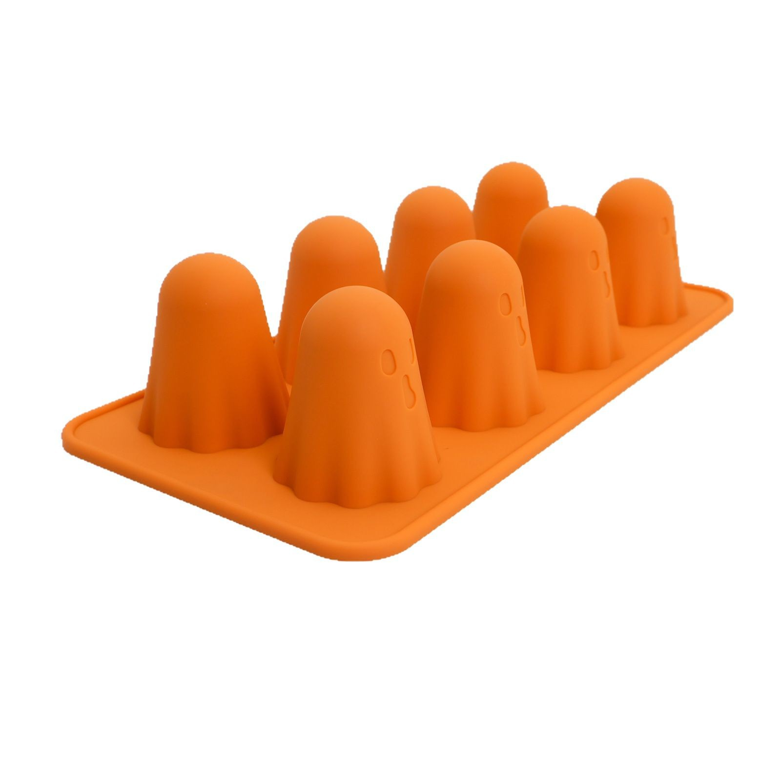 Eine orangefarbene Silikonform mit Geisterformen. Jeder Geist hat Augen- und Mundvertiefungen. Die Form liegt auf weißem Untergrund.