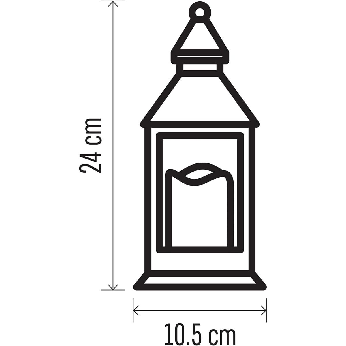 Eine schwarze Strichzeichnung einer Laterne mit einer Kerze im Inneren. Sie ist 24 cm hoch und 10,5 cm breit.