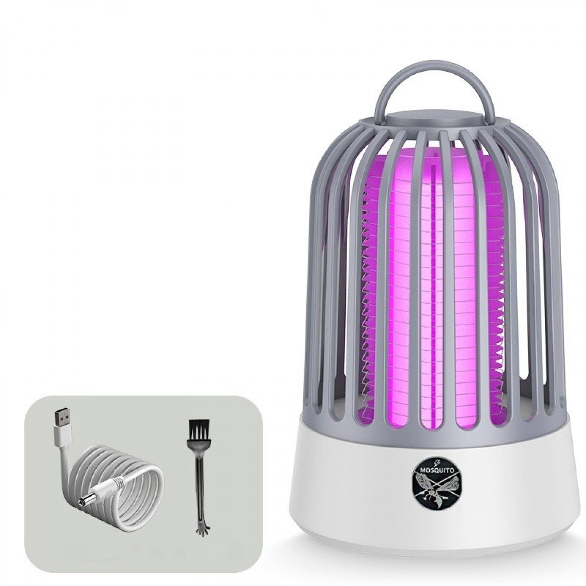 Ein weiß-grauer Moskitokiller mit violettem Licht. Enthält eine Bürste und ein USB-Kabel.