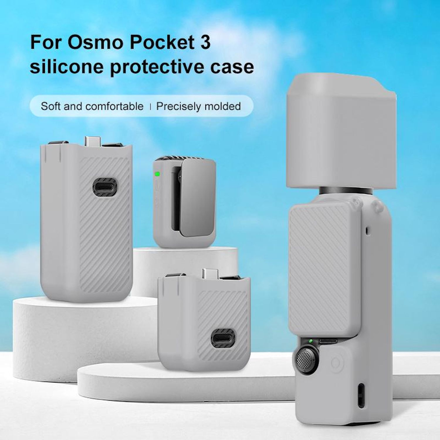 Custodie protettive in silicone grigio per Osmo Pocket 3. Le custodie sono su piattaforme bianche. Lo sfondo ha una sfumatura blu.