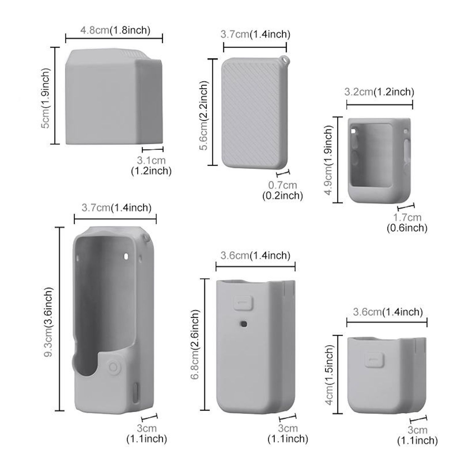 L'immagine mostra diversi componenti grigi del dispositivo con dimensioni in cm e pollici. I componenti sono di varie forme, blocchi e custodie.