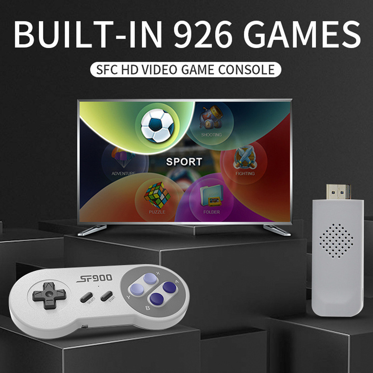 Ein Spielkonsolen-Setup mit einem Fernseher, der Spieloptionen anzeigt, einem Controller und einem kleinen Dongle.