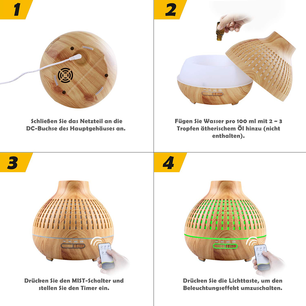 Anweisungen zur Verwendung eines ätherischen Öl-Diffusors, Schritte mit Bildern und Text auf Deutsch.