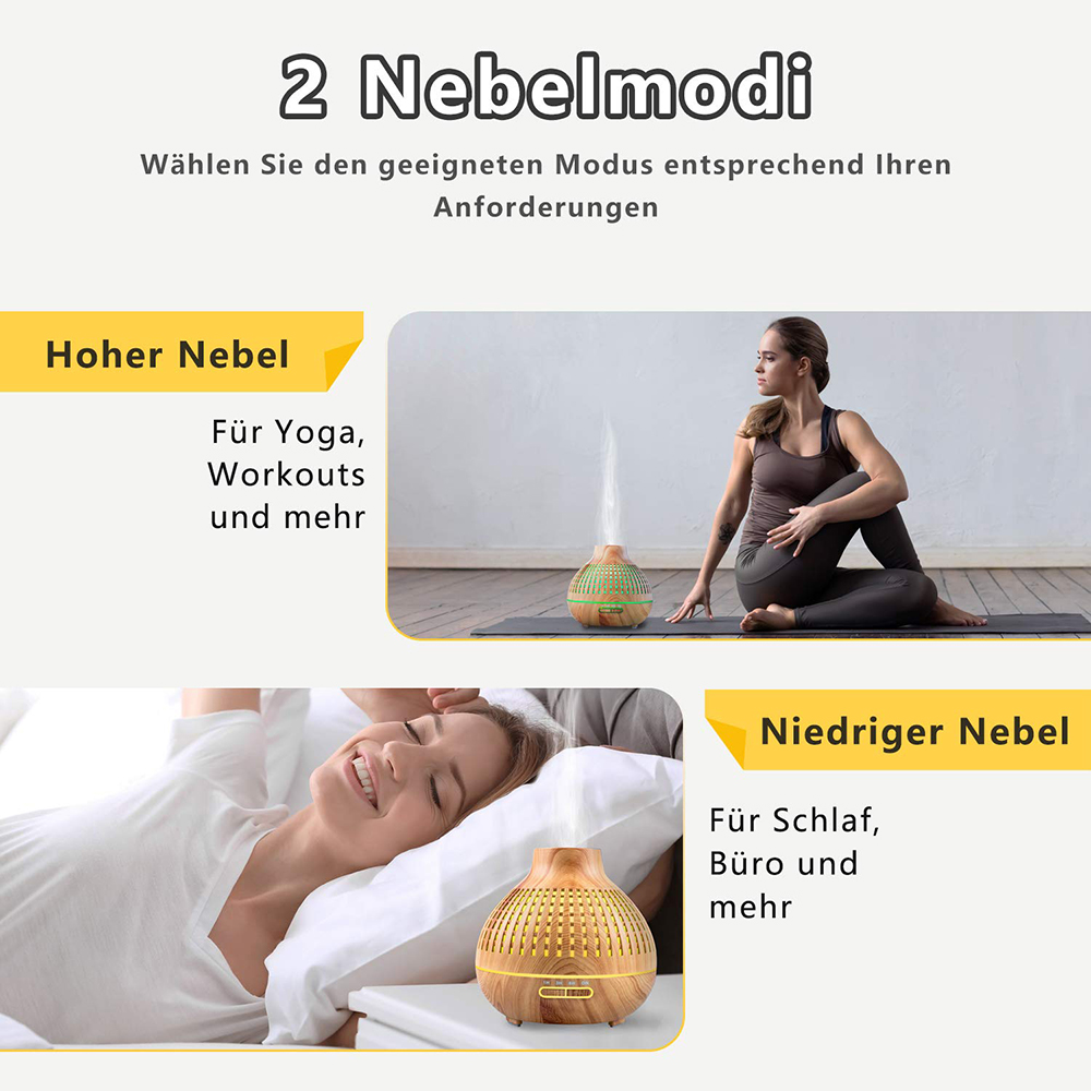 Das Bild zeigt zwei Frauen. Eine macht Yoga. Die andere schläft. Beide befinden sich in der Nähe von Luftbefeuchtern. Text bewirbt 2 Nebelmodi.
