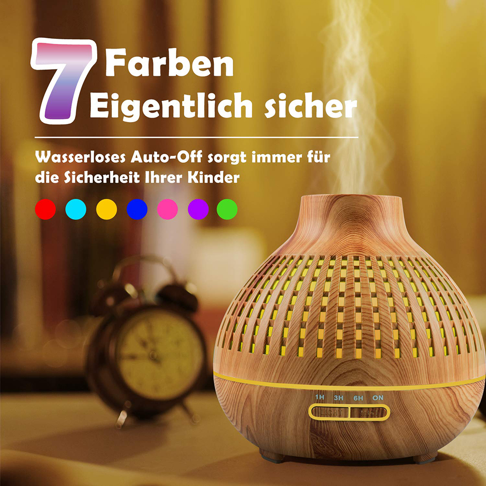 Holz-Aromadiffusor mit 7 Farboptionen. Text auf Deutsch; Merkmale sind Auto-Off für Kindersicherheit.