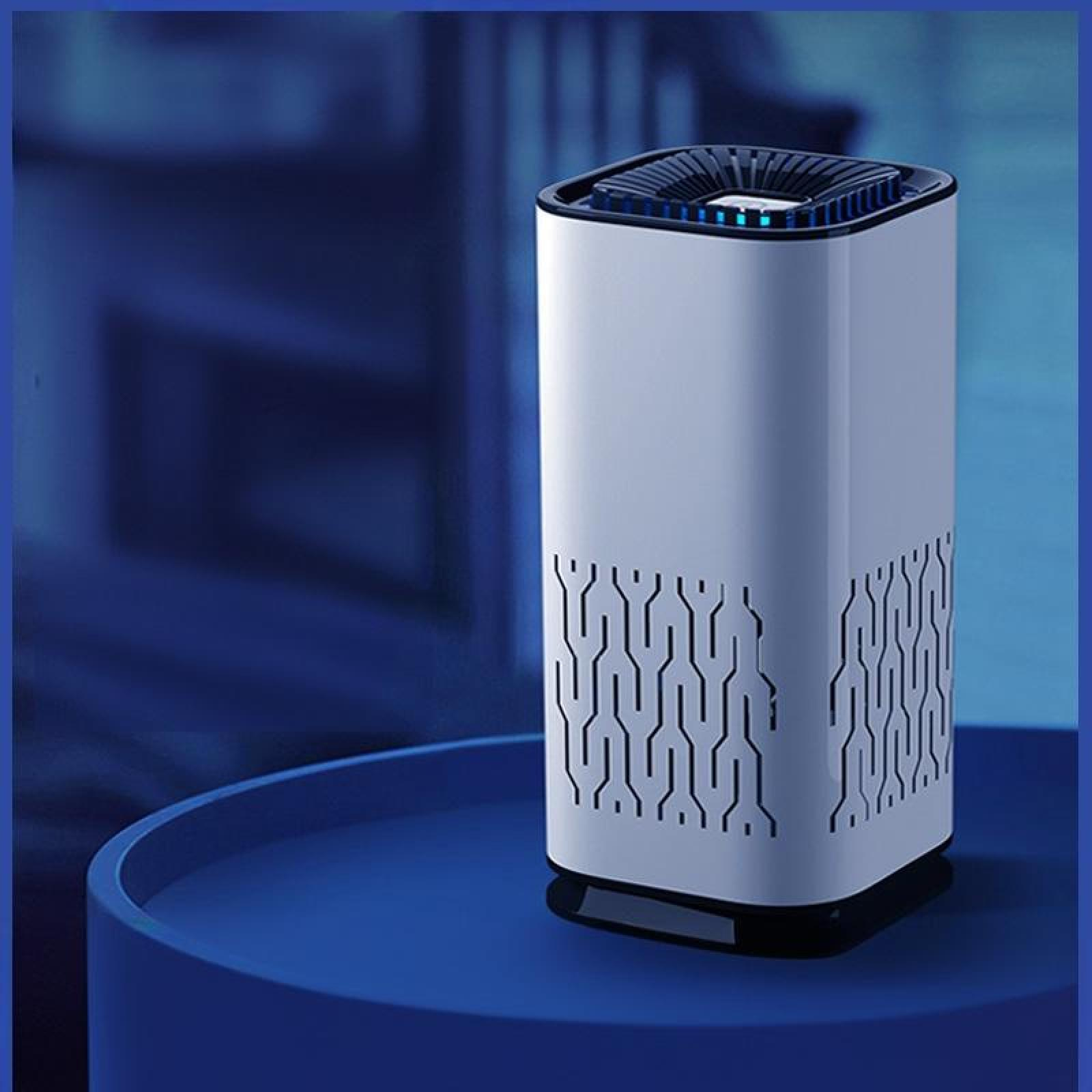 Ein weißer Luftreiniger auf einer blauen Oberfläche. Der Reiniger hat ein gemustertes Design und eine dunkle Oberseite. Der Hintergrund ist blau.