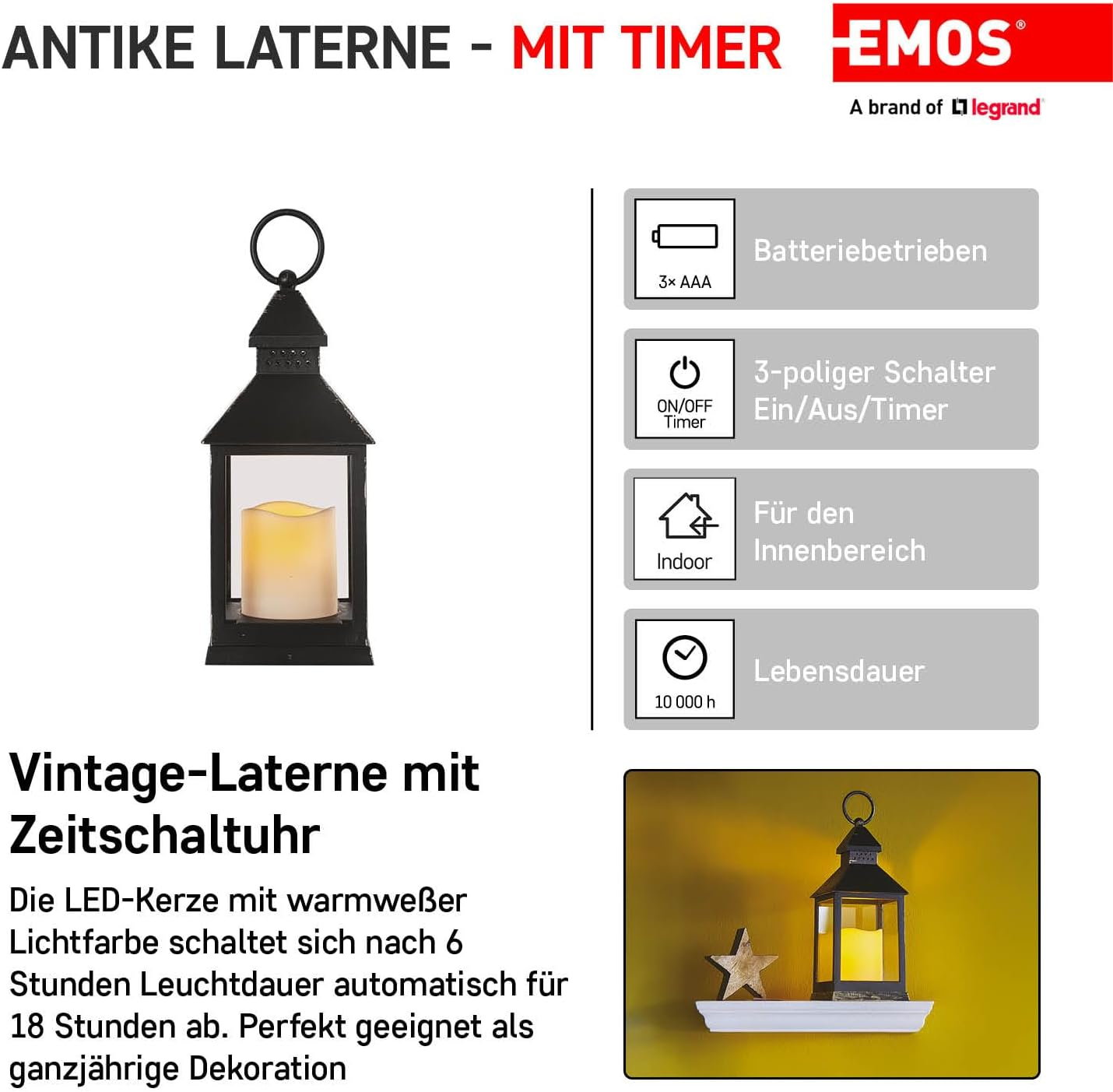 Eine schwarze Vintage-Laterne mit Timer. Text lautet 'Antike Laterne - Mit Timer'. Merkmale sind Batteriebetrieb und Innenbereich.