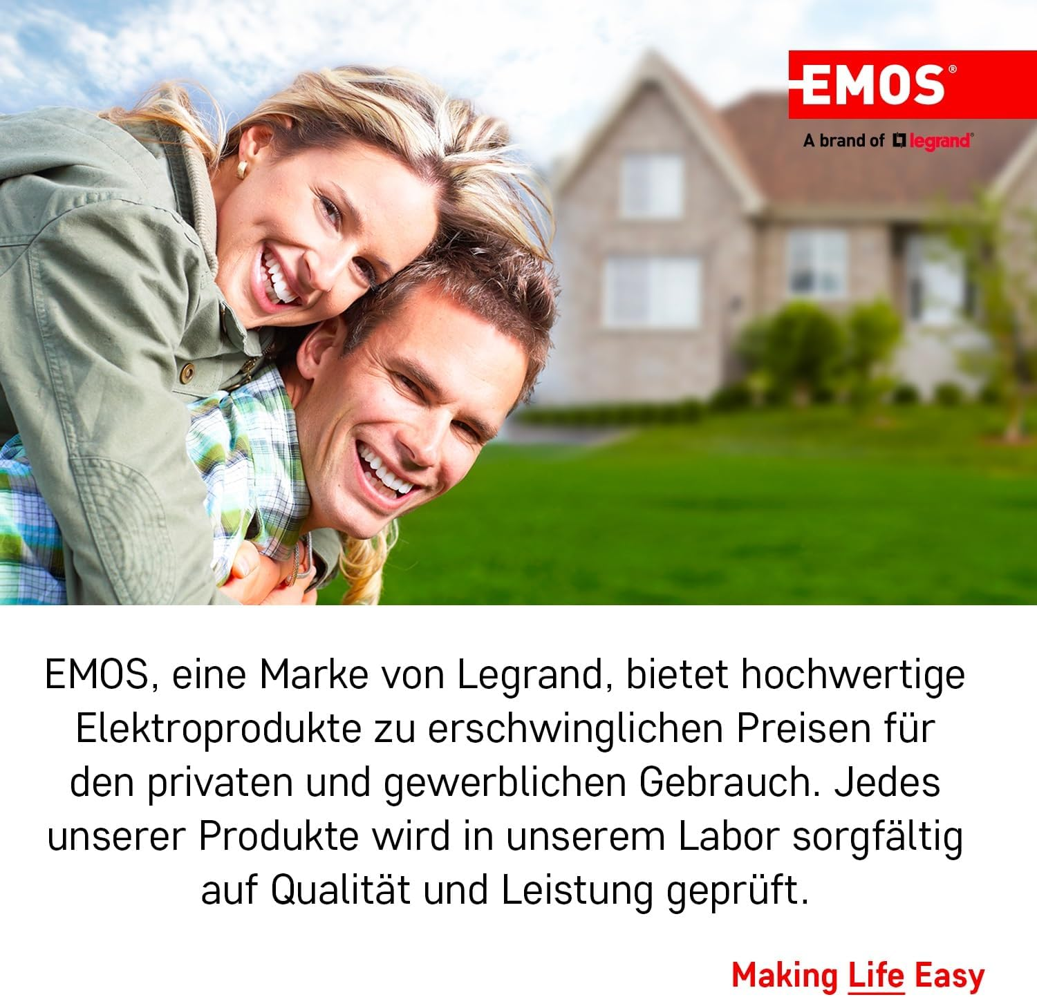 Ein lächelndes Paar umarmt sich. Dahinter ist ein Haus auf einer grünen Wiese. Das EMOS-Logo ist oben rechts sichtbar.