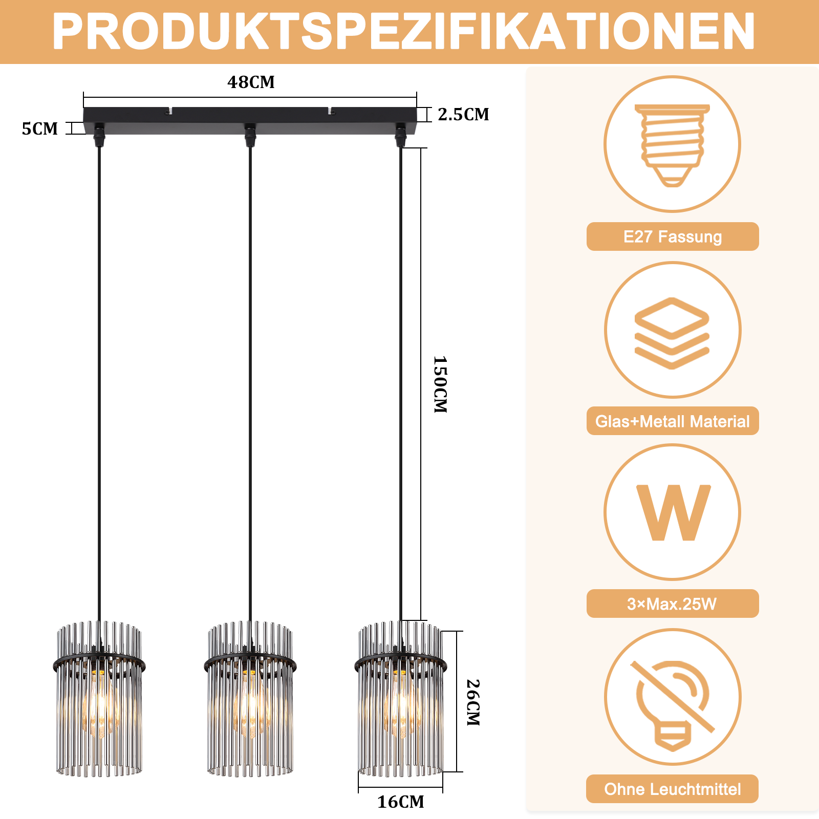 Eine Pendelleuchte mit drei zylindrischen Schirmen. Abmessungen sind angegeben. Symbole veranschaulichen Funktionen wie E27-Fassung und Glas/Metall.