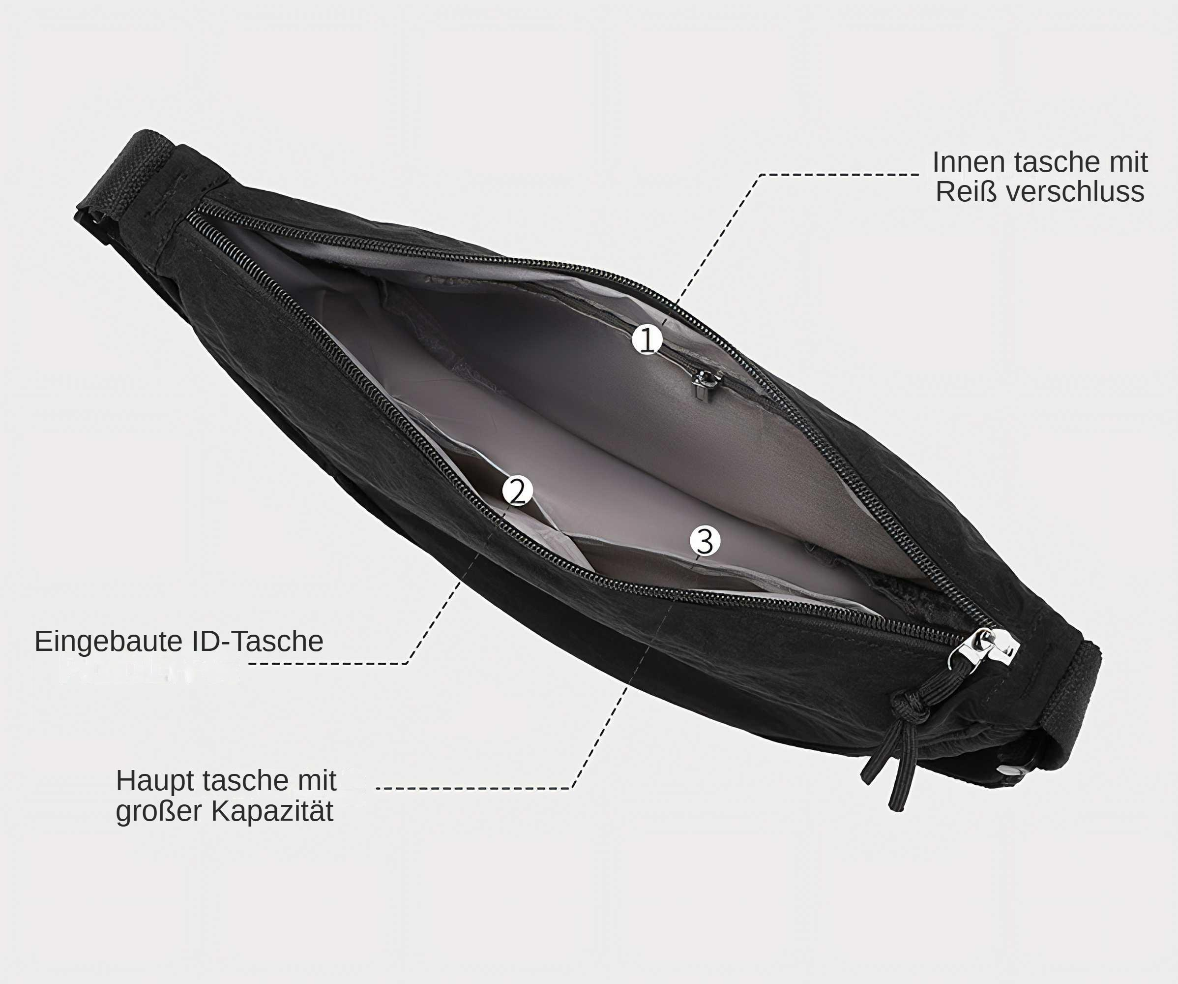 Schwarze Umhängetasche, geöffnet, um Fächer freizugeben. Zu den Merkmalen gehören Reißverschlusstaschen und eine ID-Tasche.