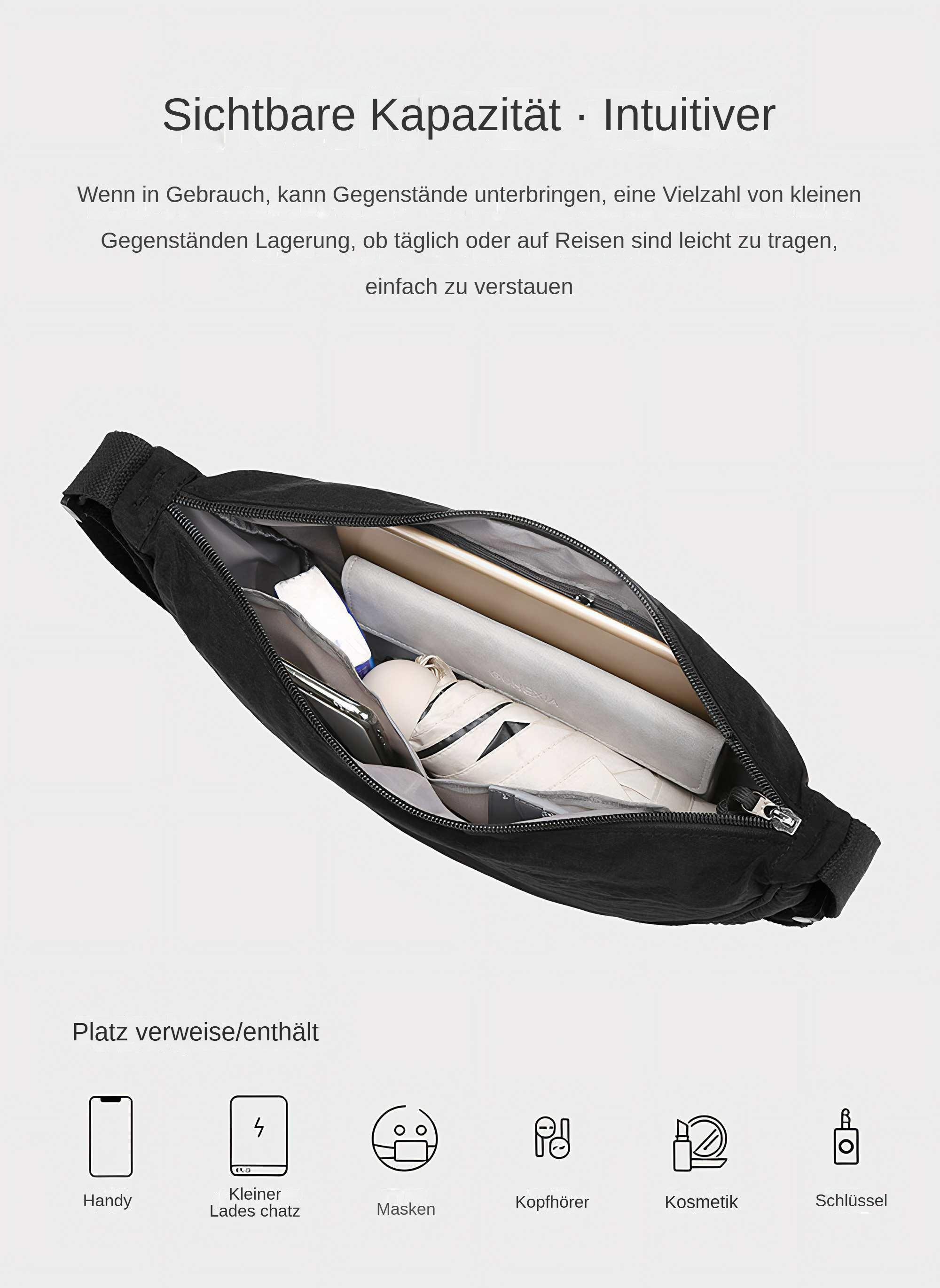 Schwarze Tasche offen, mit Tablet, Schuhen und Kosmetika. Icons für Telefon, Ladegerät, Masken usw.