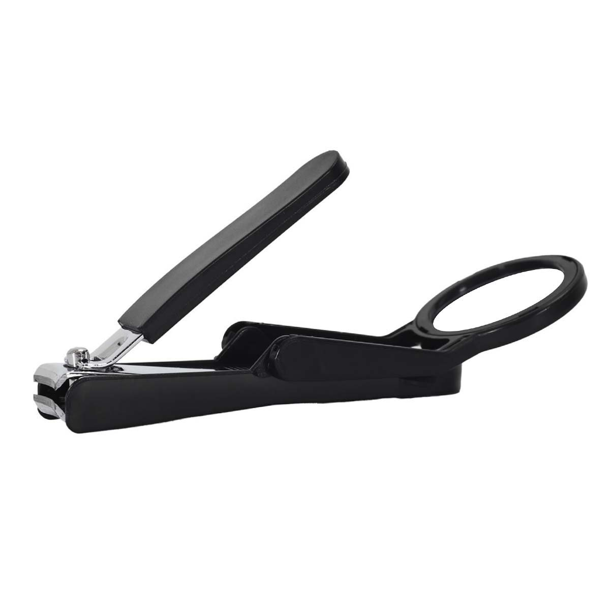 Schwarzer Nagelknipser auf weißem Hintergrund. Mit Hebel und Schlaufe. Metallische Klingenkante.